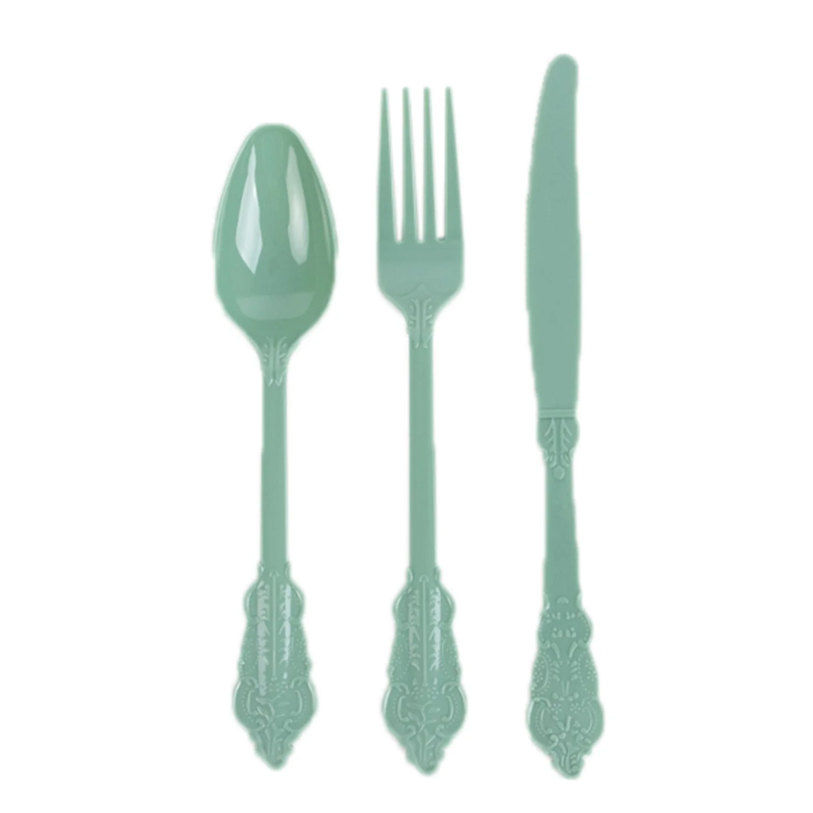 72 Pcs Plastic Silverware Set Dusty Sage Green in Baroque Style - Heavy Duty Disposable Knife, Fork, and Spoon Set - Image 6