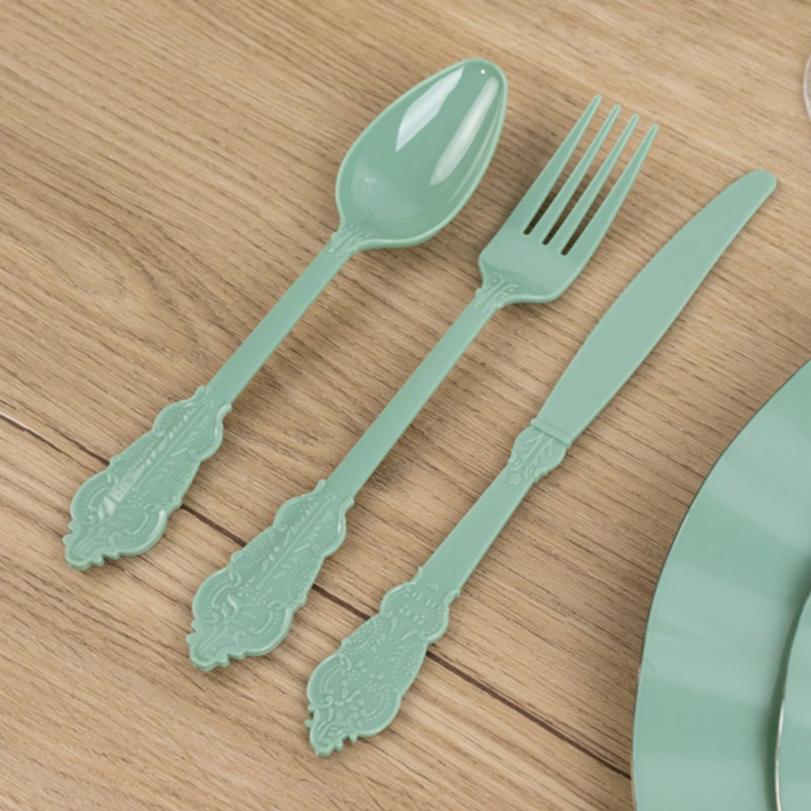 72 Pcs Plastic Silverware Set Dusty Sage Green in Baroque Style - Heavy Duty Disposable Knife, Fork, and Spoon Set - Image 7