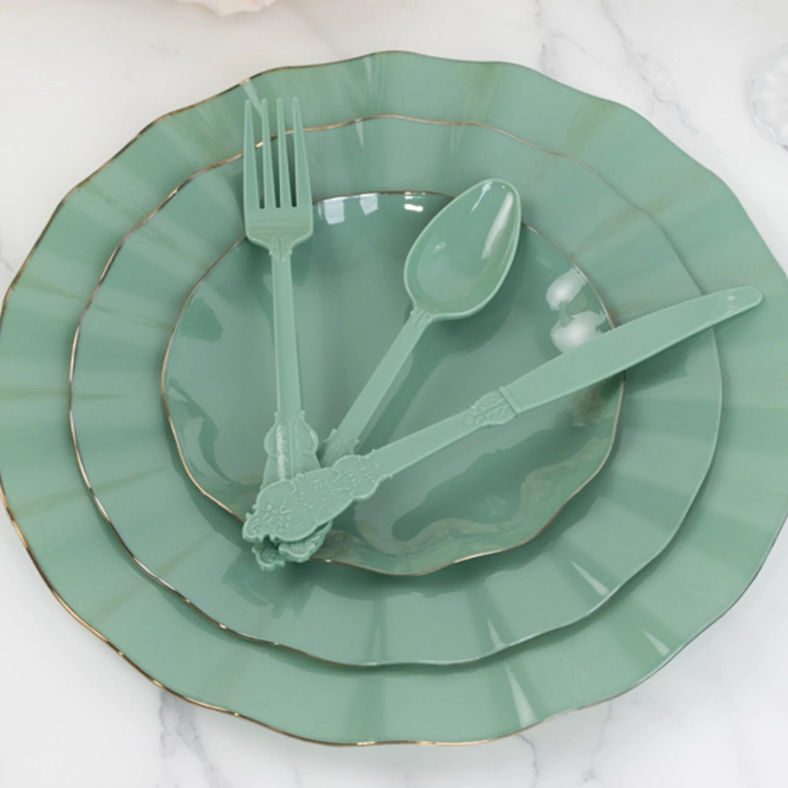 72 Pcs Plastic Silverware Set Dusty Sage Green in Baroque Style - Heavy Duty Disposable Knife, Fork, and Spoon Set - Image 8