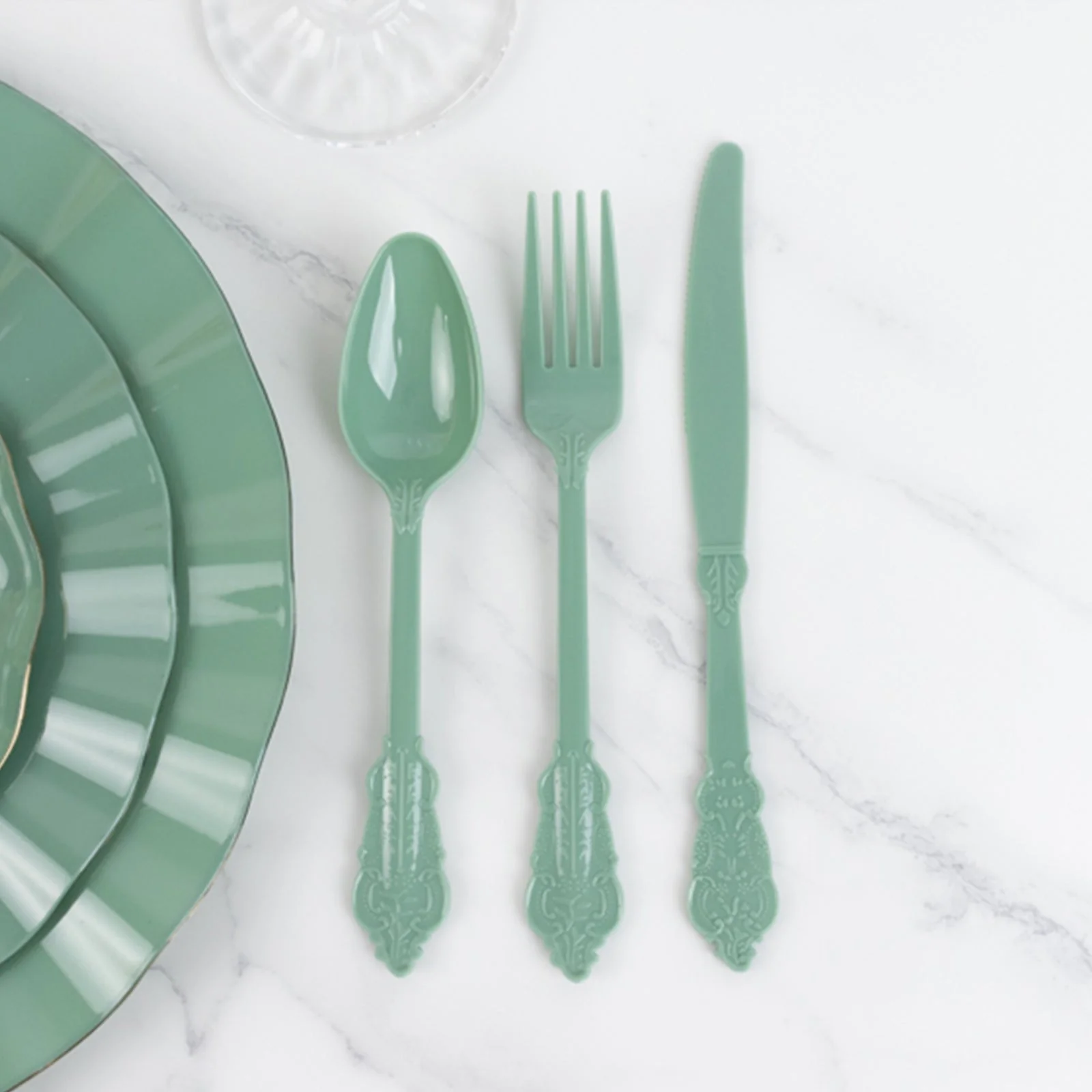 72 Pcs Plastic Silverware Set Dusty Sage Green in Baroque Style - Heavy Duty Disposable Knife, Fork, and Spoon Set - Image 9