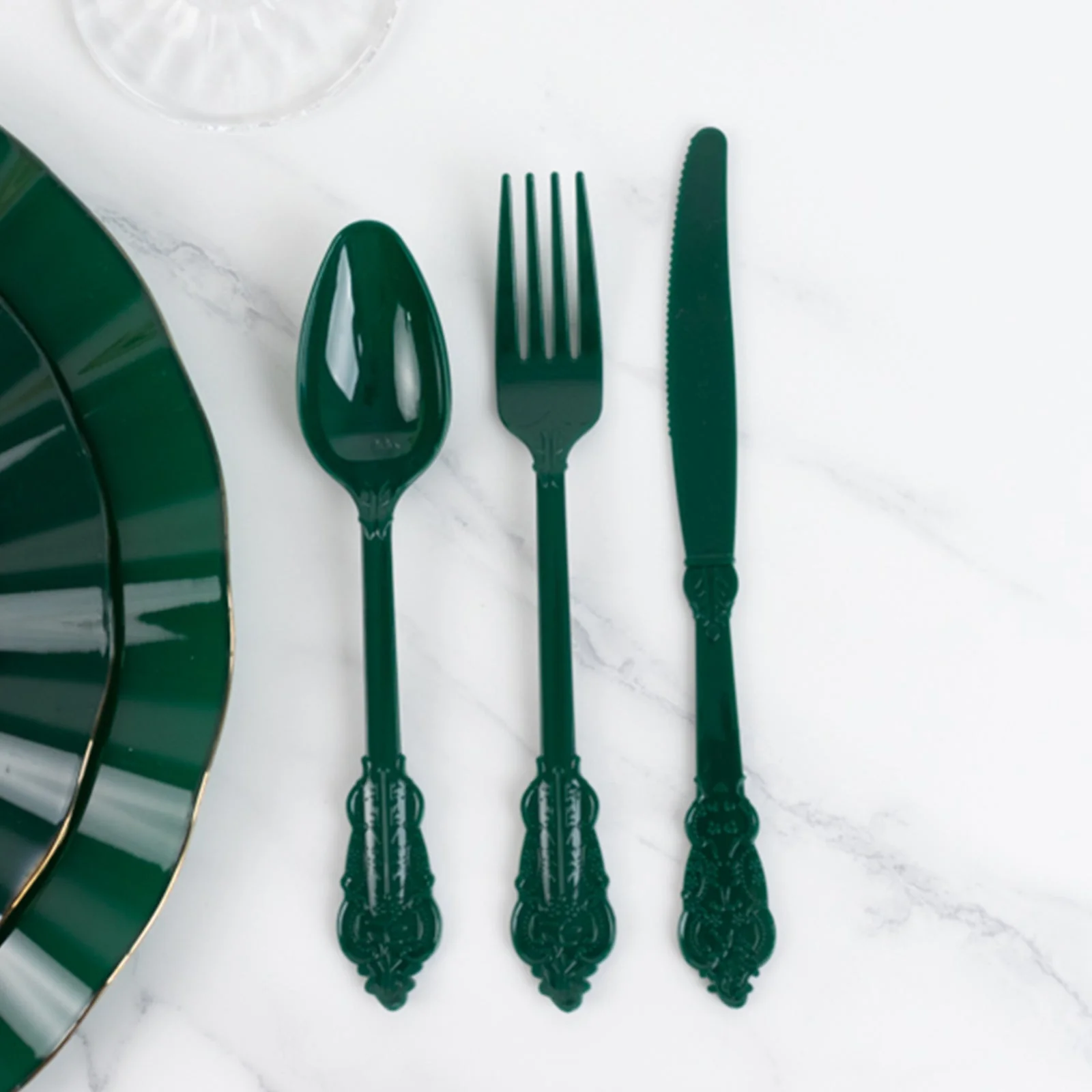 72 Pcs Plastic Silverware Set Hunter Emerald Green in Baroque Style - Heavy Duty Disposable Knife, Fork, and Spoon Set - Image 2