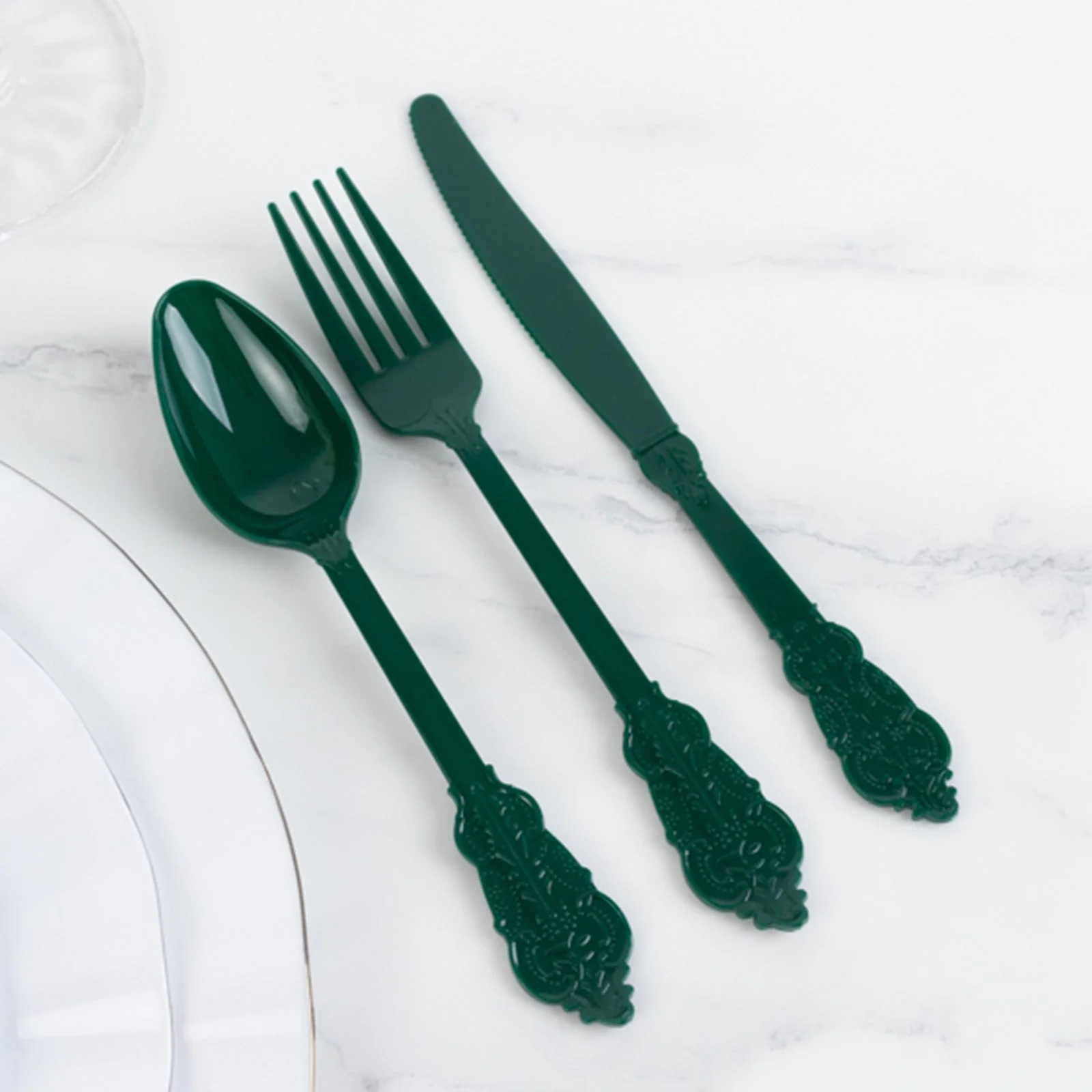72 Pcs Plastic Silverware Set Hunter Emerald Green in Baroque Style - Heavy Duty Disposable Knife, Fork, and Spoon Set - Image 8