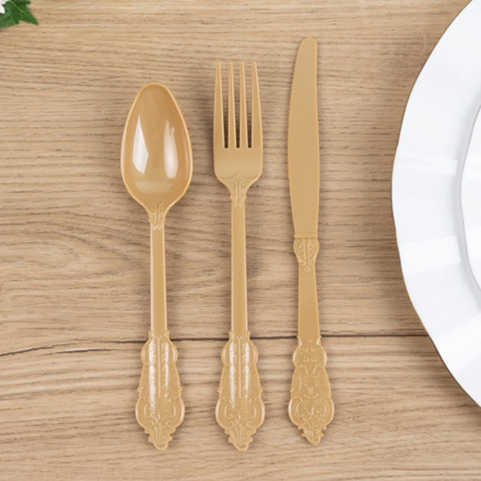 72 Pcs Plastic Silverware Set Matte Gold in Baroque Style - Heavy Duty Disposable Knife, Fork, and Spoon Set