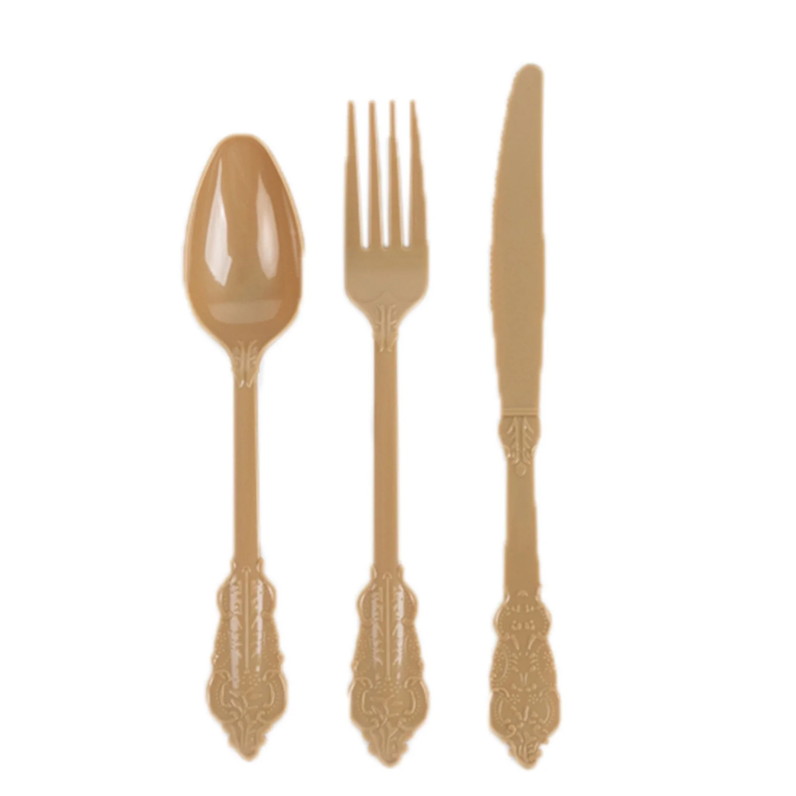 72 Pcs Plastic Silverware Set Matte Gold in Baroque Style - Heavy Duty Disposable Knife, Fork, and Spoon Set - Image 6