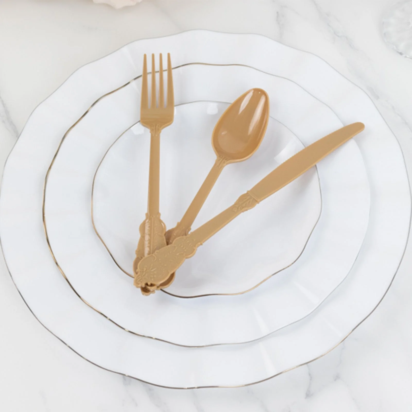72 Pcs Plastic Silverware Set Matte Gold in Baroque Style - Heavy Duty Disposable Knife, Fork, and Spoon Set - Image 7
