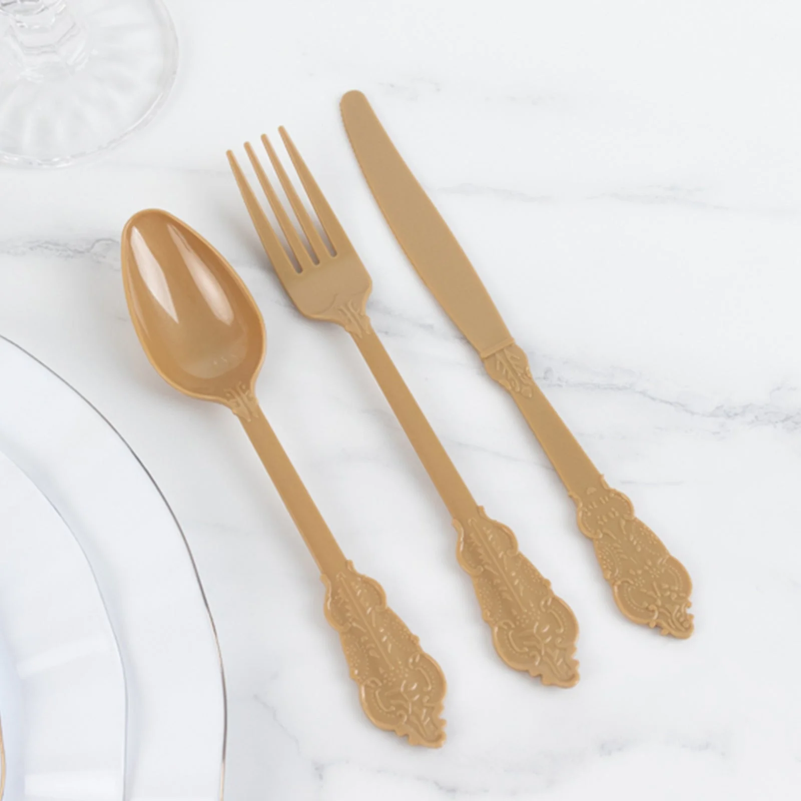 72 Pcs Plastic Silverware Set Matte Gold in Baroque Style - Heavy Duty Disposable Knife, Fork, and Spoon Set - Image 8