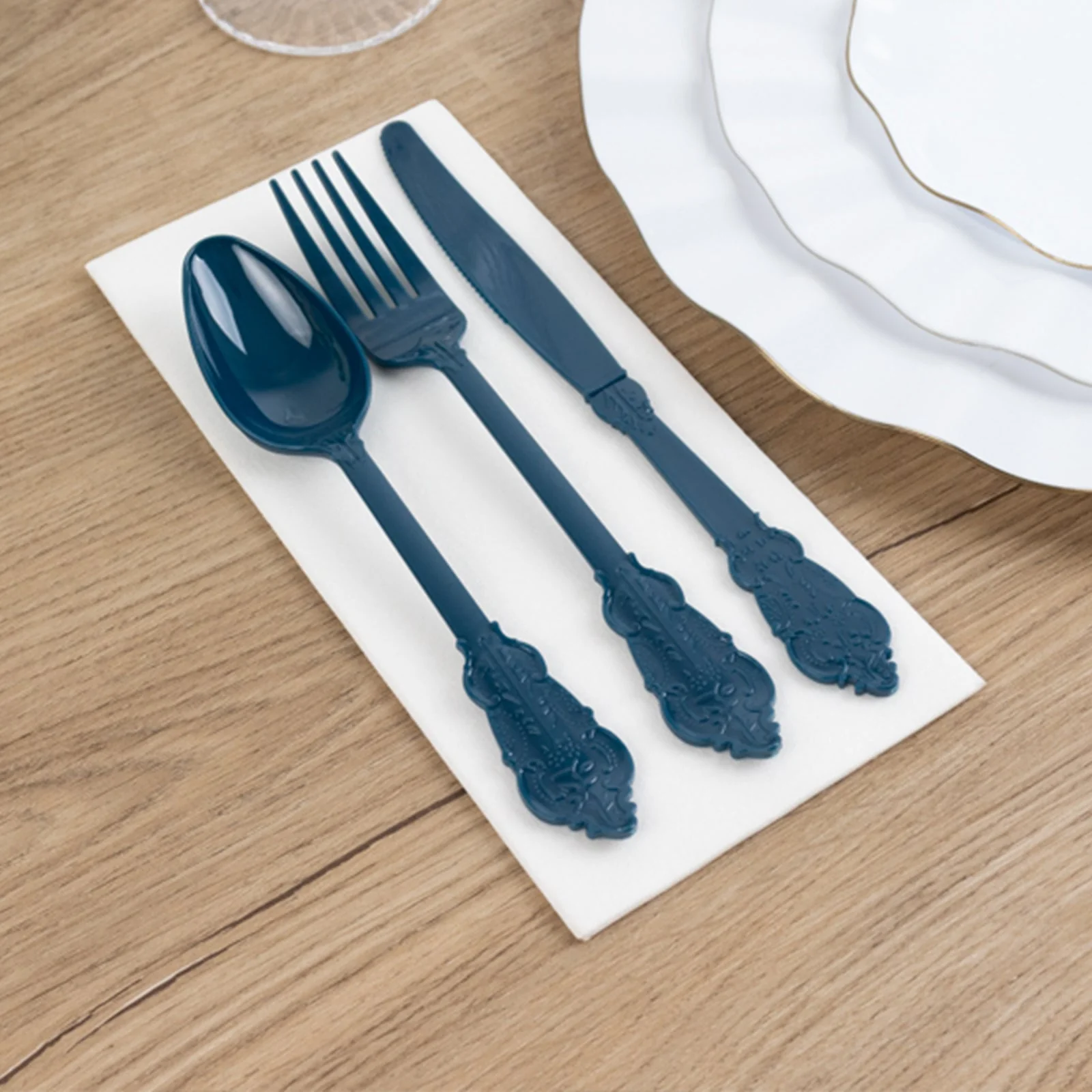 72 Pcs Plastic Silverware Set Navy Blue in Baroque Style - Heavy Duty Disposable Knife, Fork, and Spoon Set - Image 8