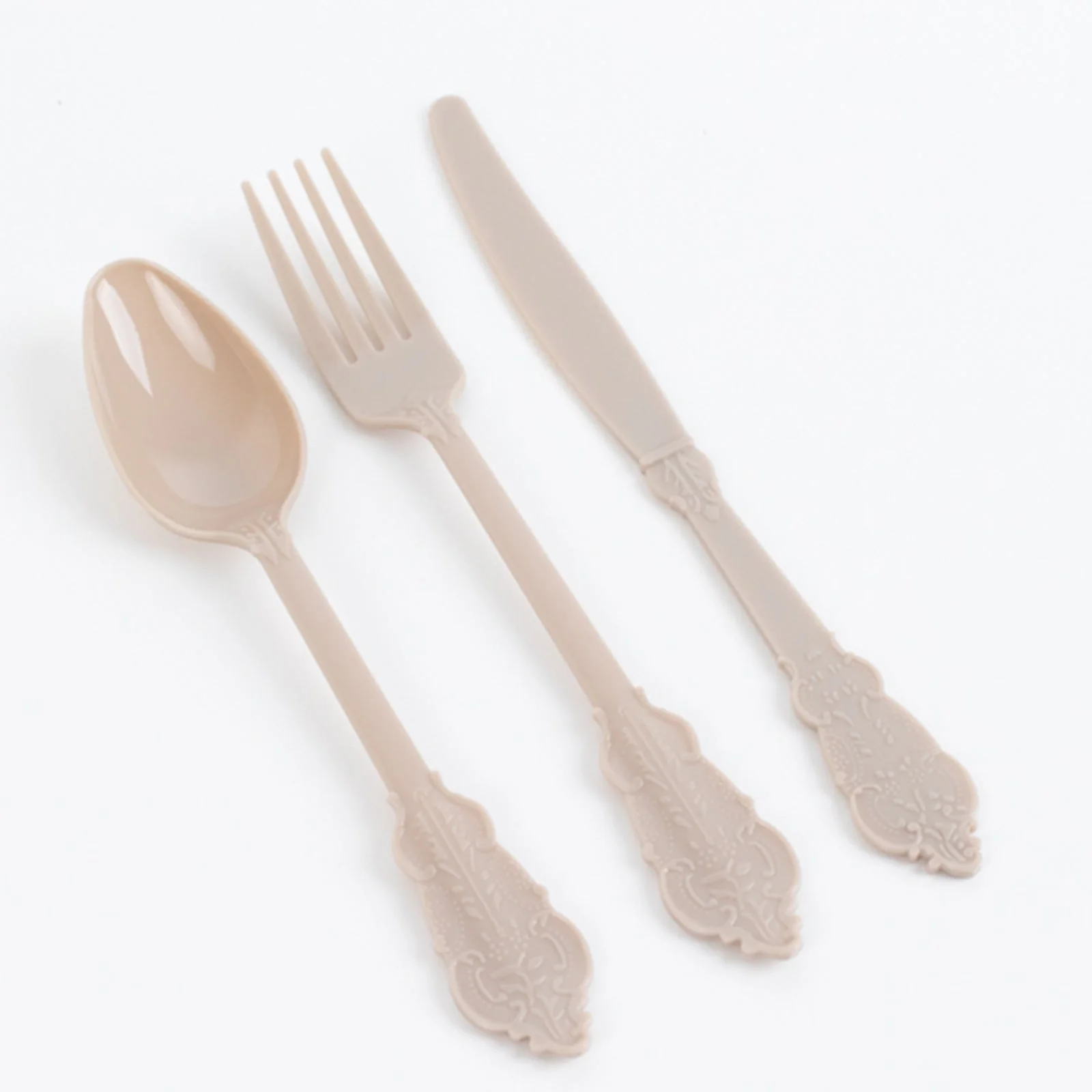 72 Pcs Plastic Silverware Set Taupe in Baroque Style - Heavy Duty Disposable Knife, Fork, and Spoon Set - Image 8