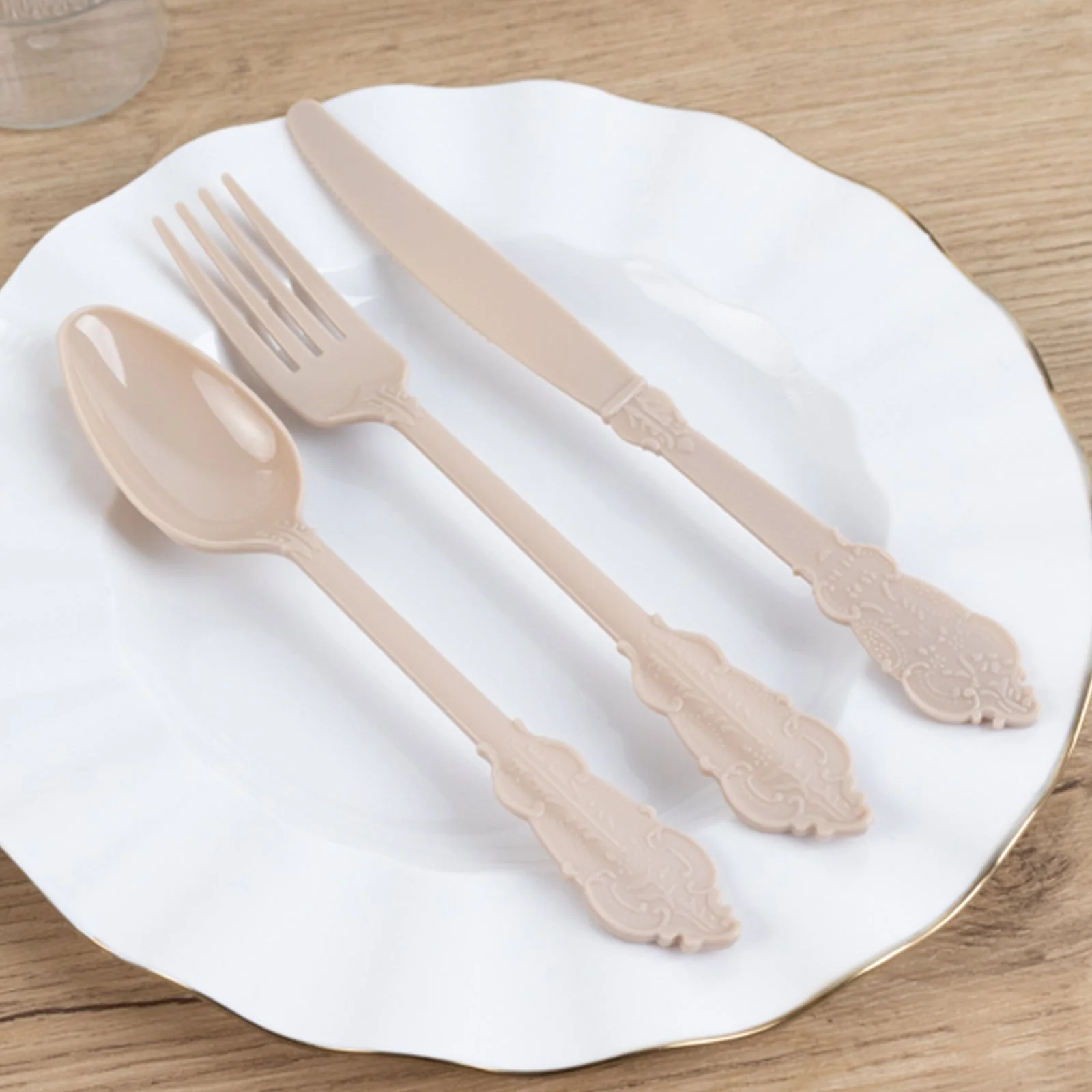 72 Pcs Plastic Silverware Set Taupe in Baroque Style - Heavy Duty Disposable Knife, Fork, and Spoon Set - Image 9