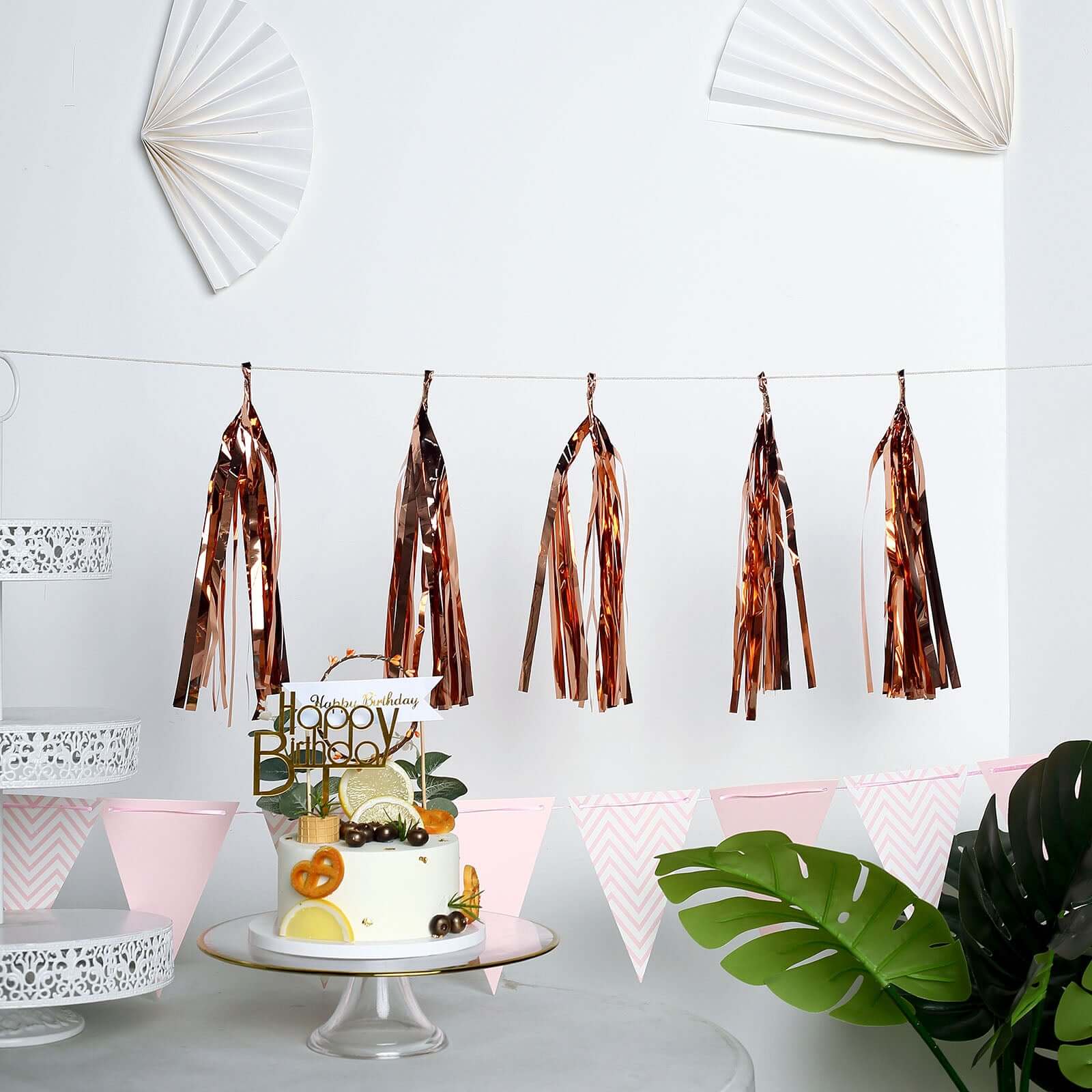 Rose Gold Hanging Foil Tassel Garland, Metallic Tinsel Fringe Banner Party Streamer Backdrop Decorations 7.5ft Long - Image 12
