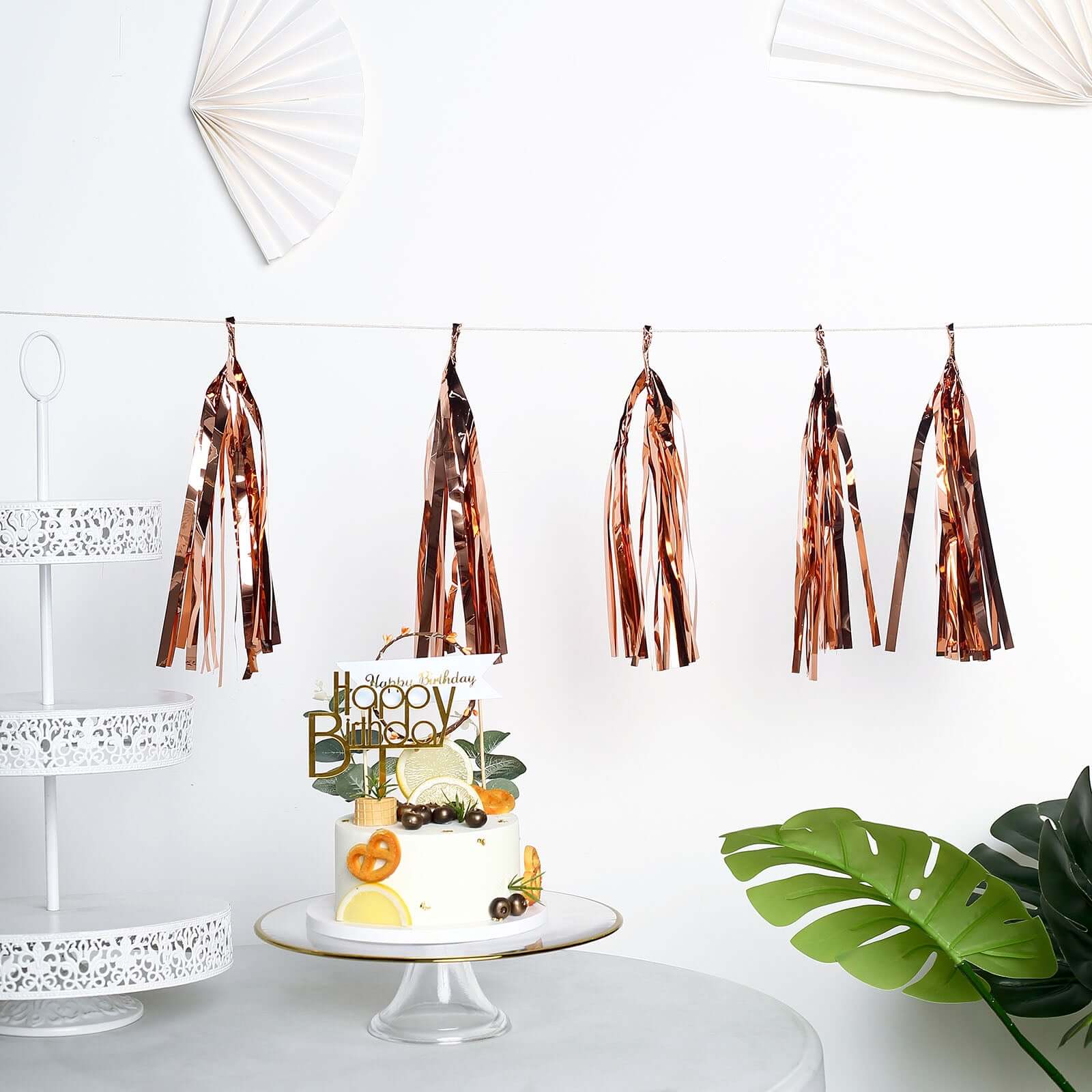 Rose Gold Hanging Foil Tassel Garland, Metallic Tinsel Fringe Banner Party Streamer Backdrop Decorations 7.5ft Long - Image 2