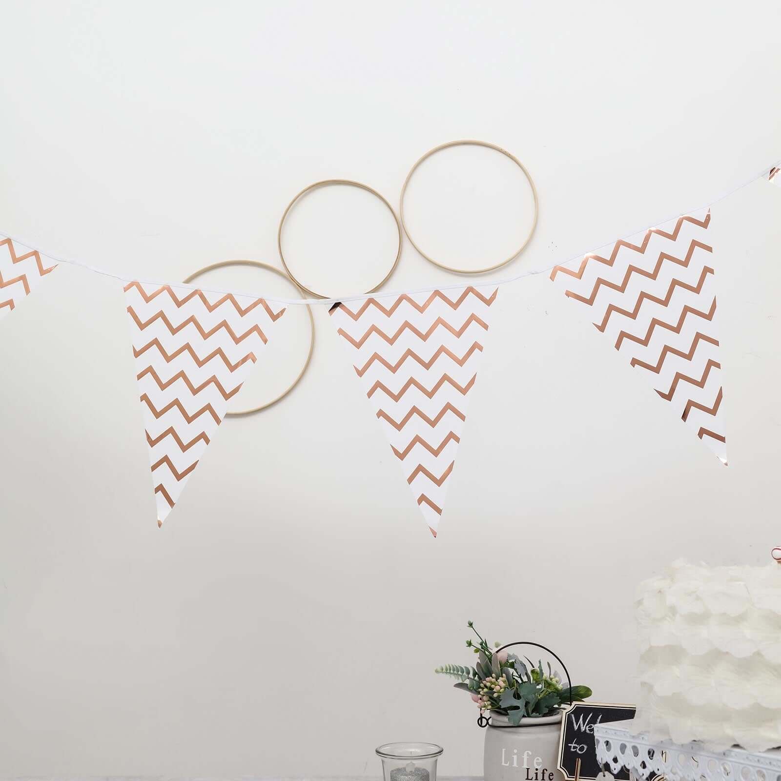 Rose Gold Chevron Print Triangle Pennant Flag Party Banner 7.5ft