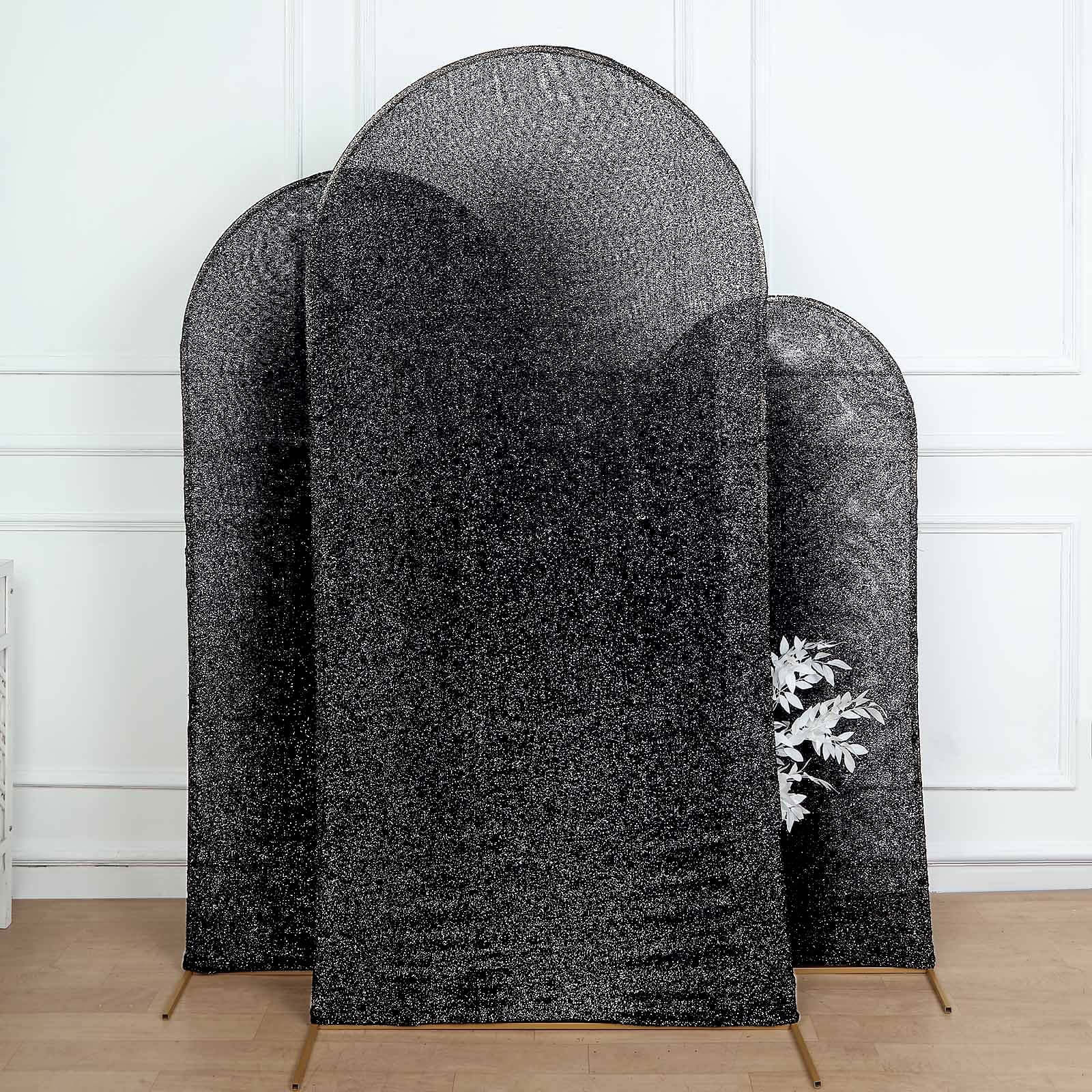 Black Shimmer Tinsel Spandex Wedding Arch Cover For Fitted Round Top Chiara Backdrop Stand 7ft - Image 2
