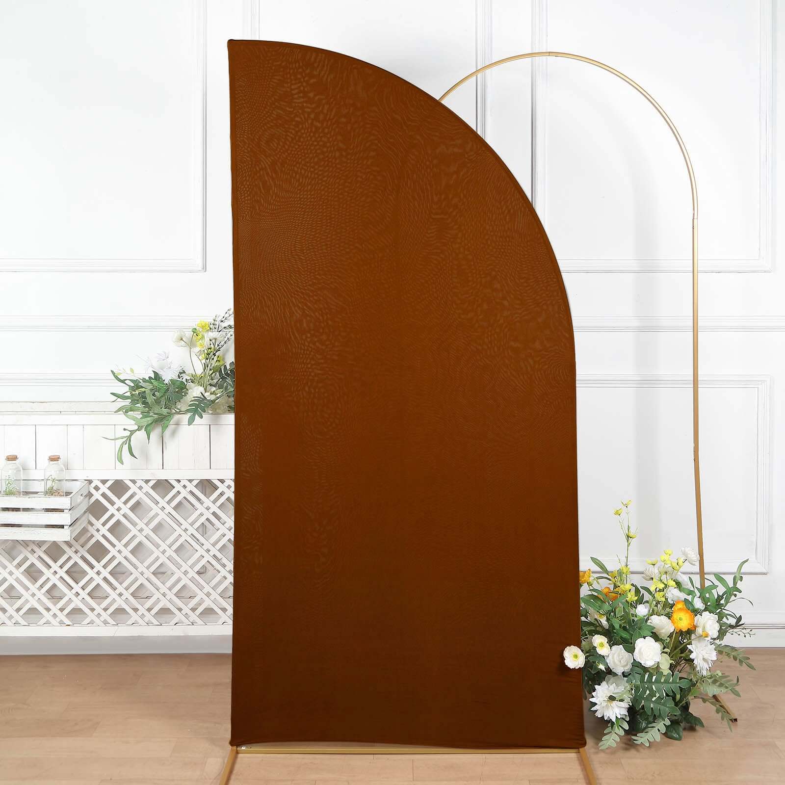 Cinnamon Brown Fitted Spandex Half Moon Wedding Arch Cover, Custom Fit Chiara Backdrop Stand Cover 7ft