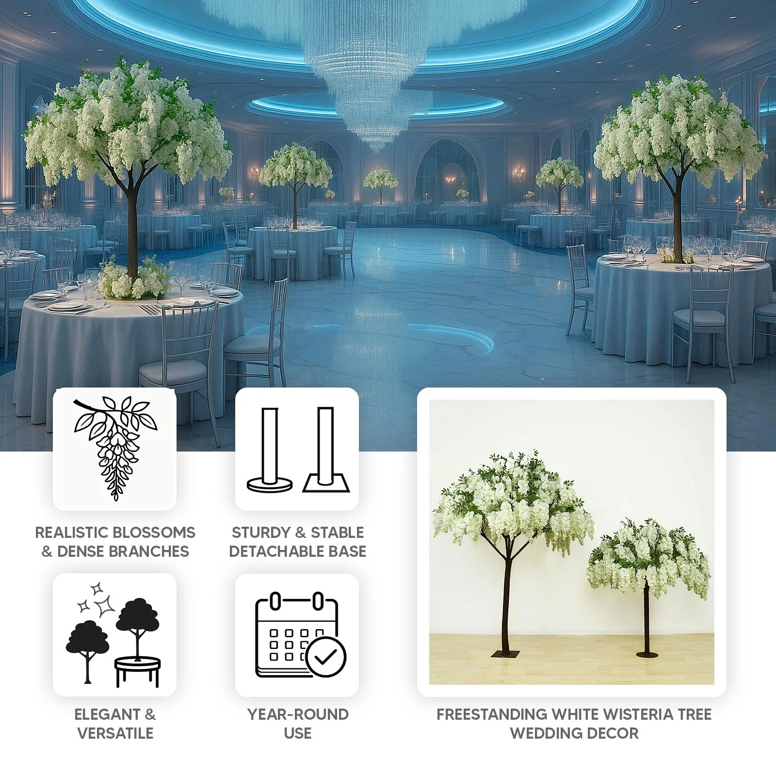 7ft Freestanding White Wisteria Tree – Romantic Faux Flower Decor for Aisles & Photo Backdrops - Image 4