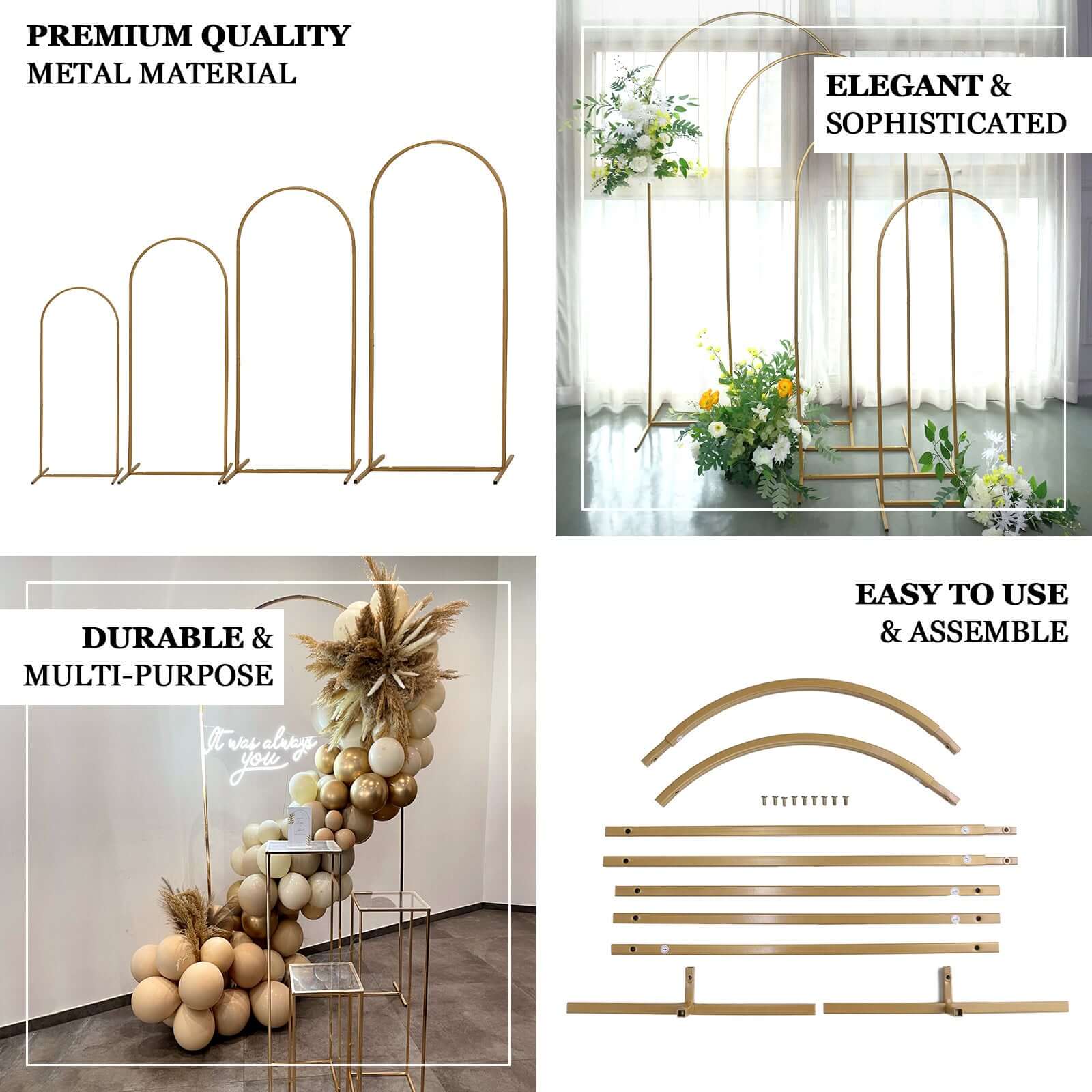 Gold Metal Wedding Arch Chiara Backdrop Stand Floral Display Frame With Round Top 7ft - Image 4