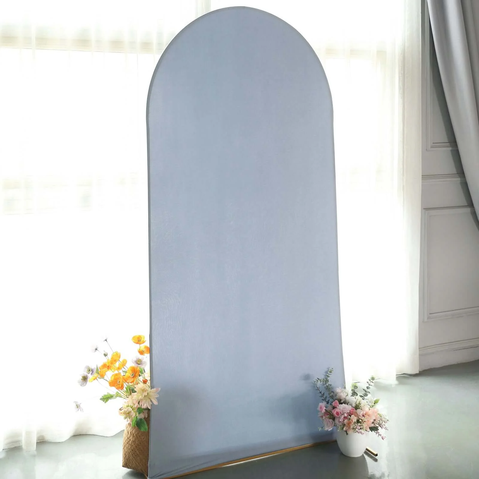 Matte Dusty Blue Spandex Fitted Wedding Arch Cover For Round Top Chiara Backdrop Stand 7ft - Image 8