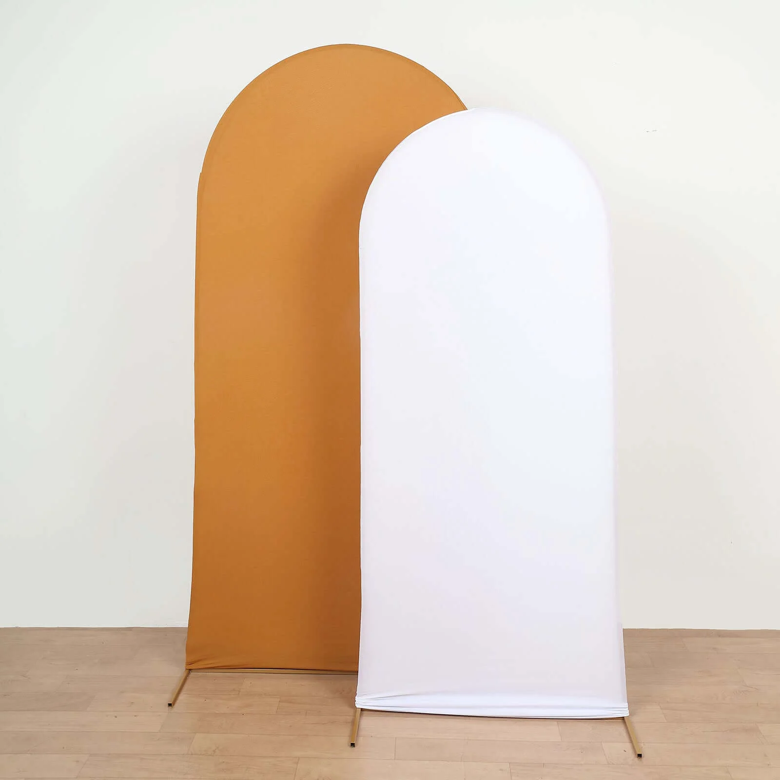 Matte Gold Spandex Fitted Wedding Arch Cover For Round Top Chiara Backdrop Stand 7ft - Image 12