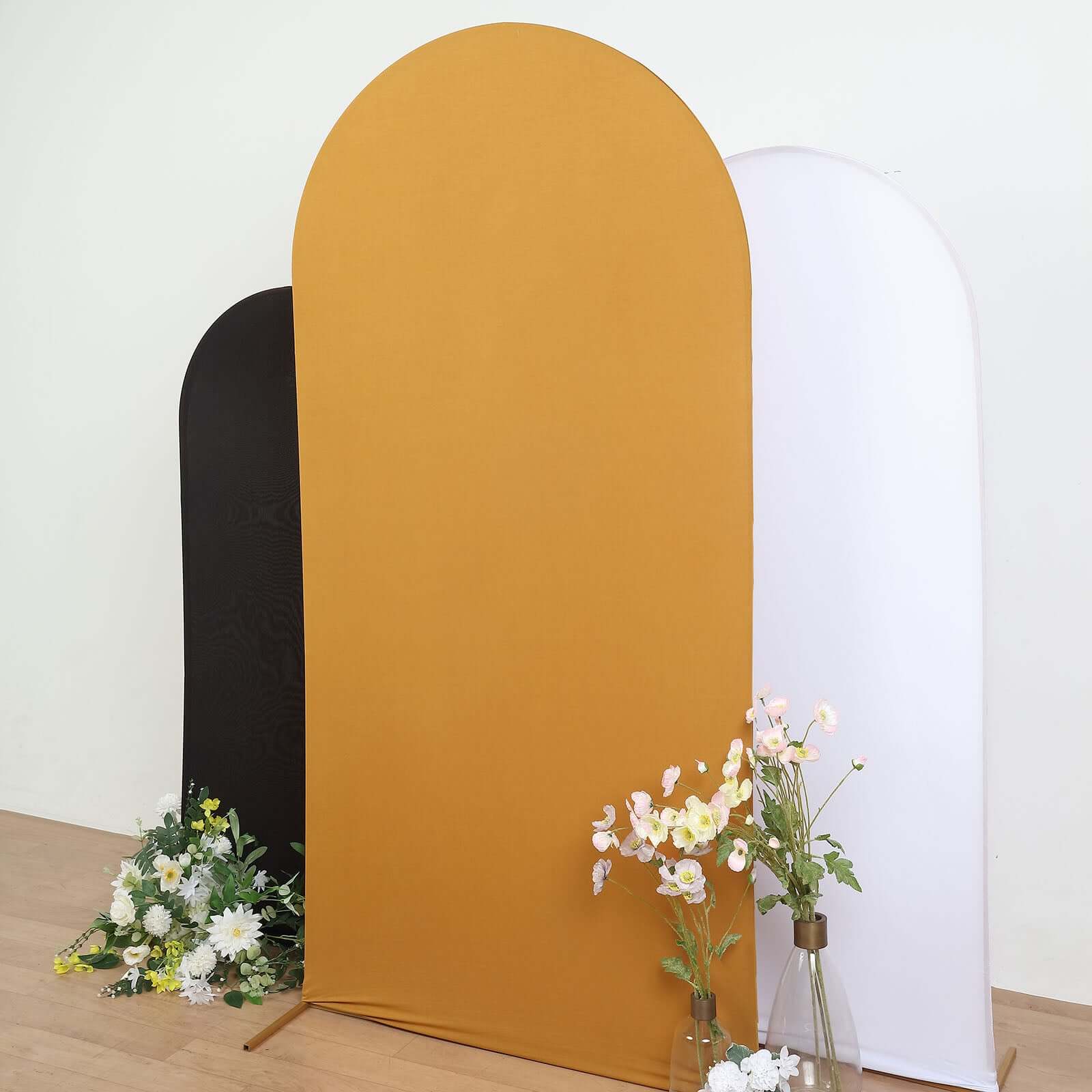 Matte Gold Spandex Fitted Wedding Arch Cover For Round Top Chiara Backdrop Stand 7ft - Image 2