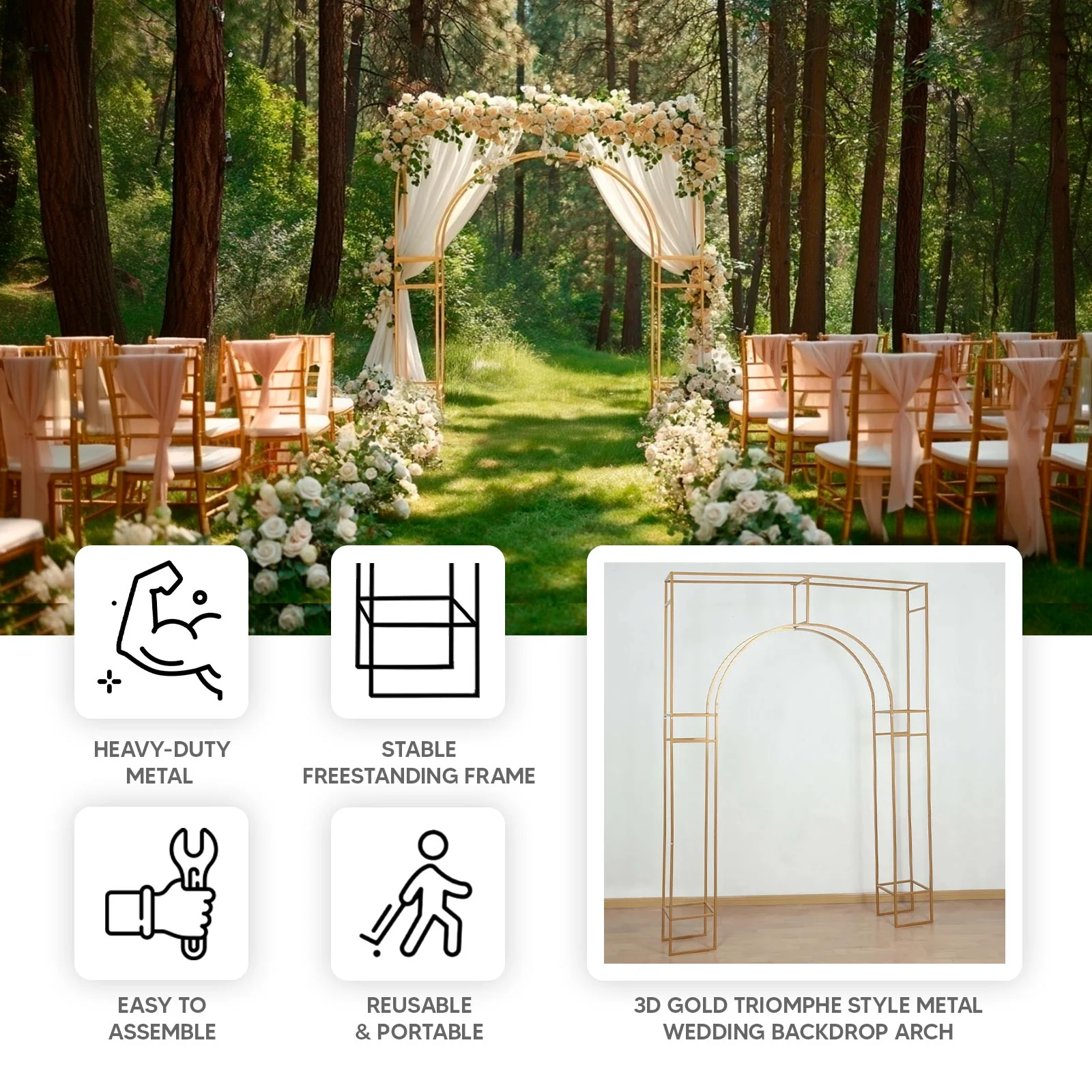 Wedding Arch Rectangular Backdrop Stand – 7ft Arc de Triomphe Style 3D Heavy Duty Gold Metal Frame for Balloon & Floral Display - Image 4
