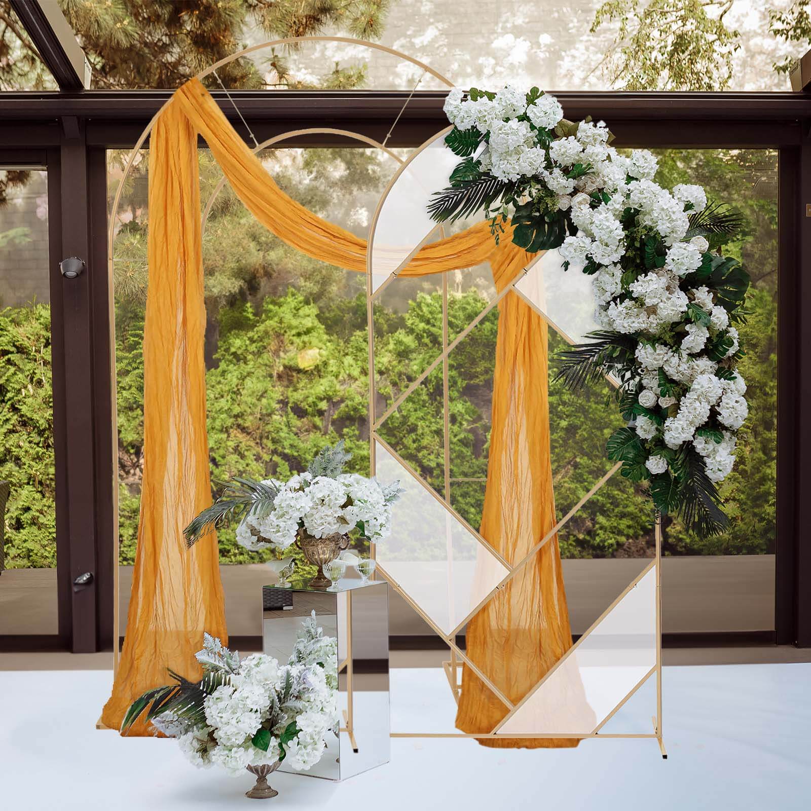 Gold Metal Round Top Geometric Wedding Backdrop Floor Stand, Rectangular Flower Frame Prop Stand With Cloudy Film Insert 7ft Tall - Image 2