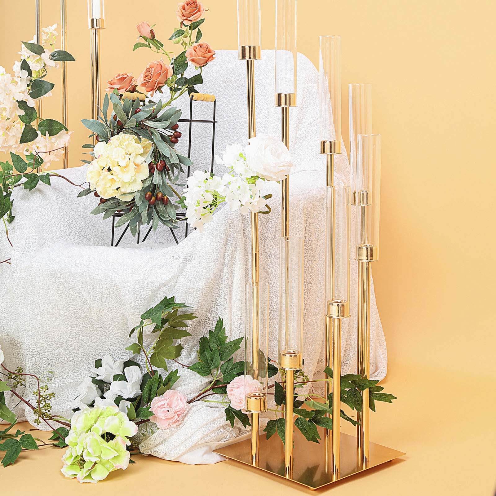 8 Arm Cluster Taper Candle Holder 42" Gold With Clear Glass Shades - Large Candle Arrangement for Sophisticated Wedding Party Event Table Centerpiece - Image 2