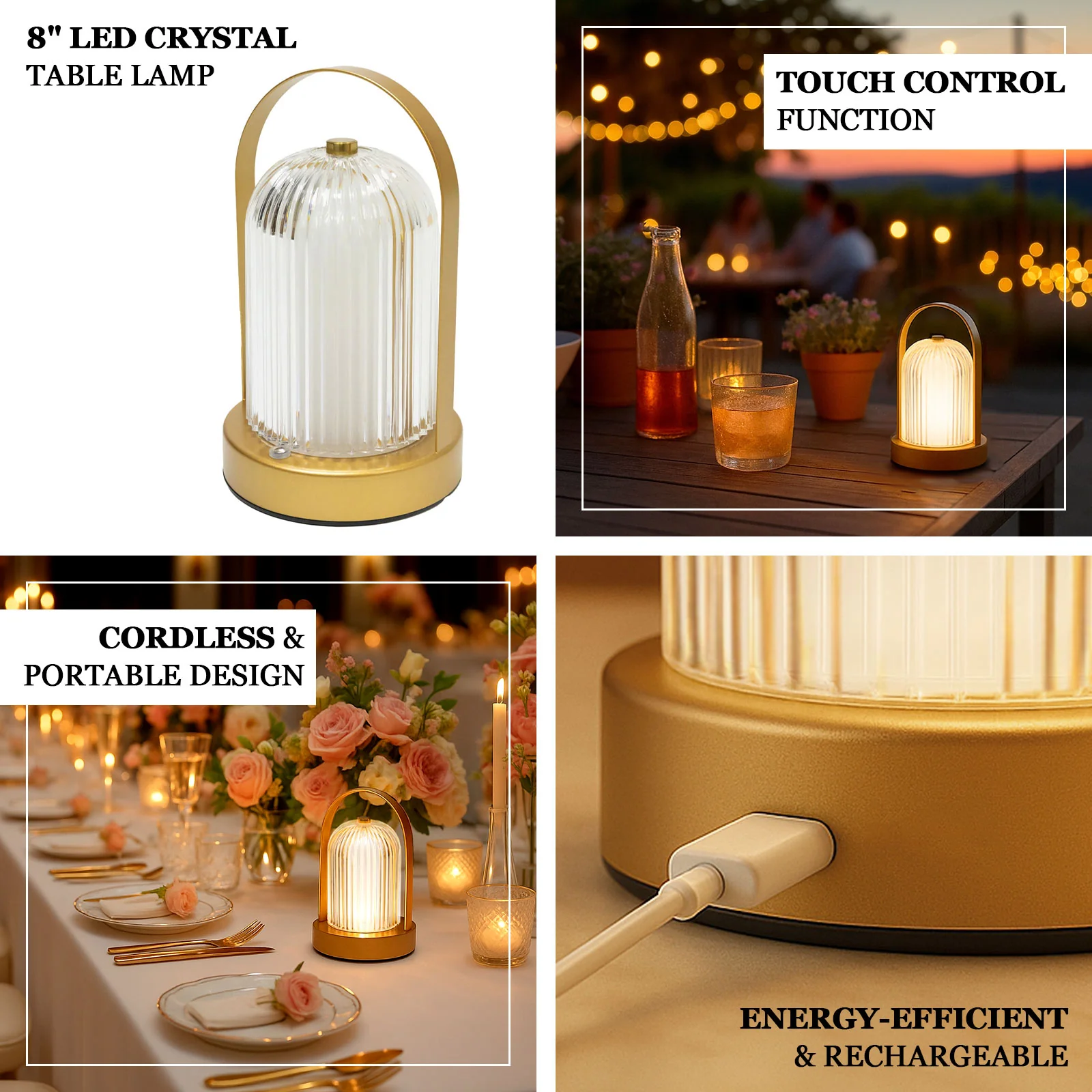 8" Heavy Duty Gold Cordless LED Table Lamp with Ribbed Acrylic Shade & Metal Base – Commercial Grade USB Rechargeable Touch Control Light with 3 Color Modes - Image 3