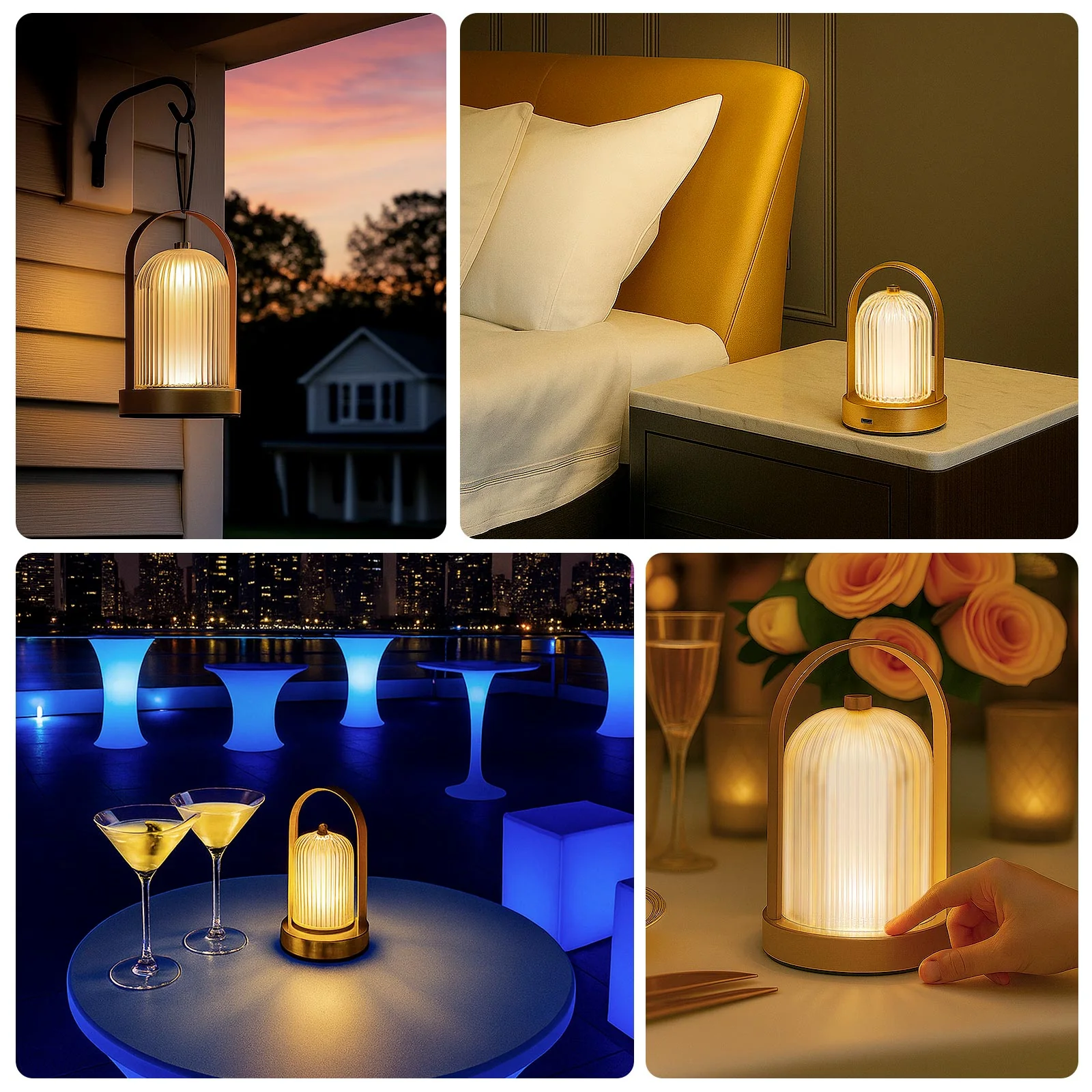 8" Heavy Duty Gold Cordless LED Table Lamp with Ribbed Acrylic Shade & Metal Base – Commercial Grade USB Rechargeable Touch Control Light with 3 Color Modes - Image 4