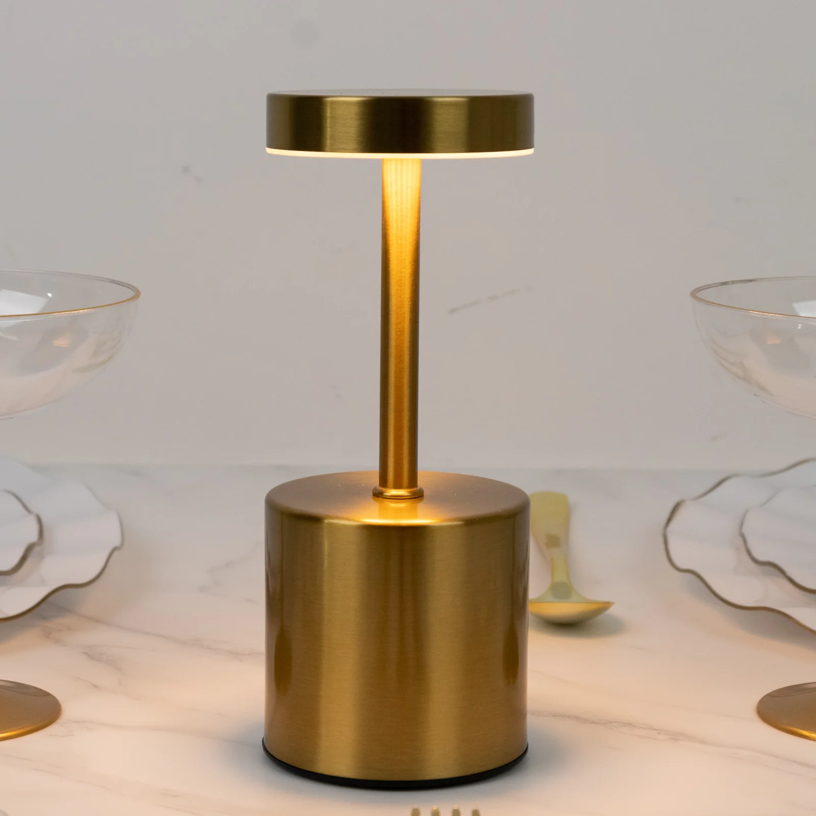 Cordless LED Table Lamp – 8" Gold Metal, Touch-Control, USB Rechargeable, Dimmable Night Light, Modern Minimalist Design