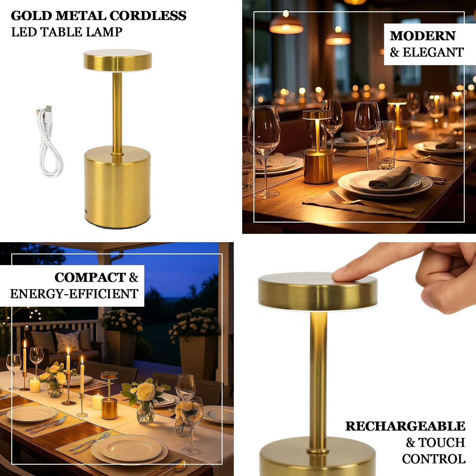 Cordless LED Table Lamp – 8" Gold Metal, Touch-Control, USB Rechargeable, Dimmable Night Light, Modern Minimalist Design - Image 4