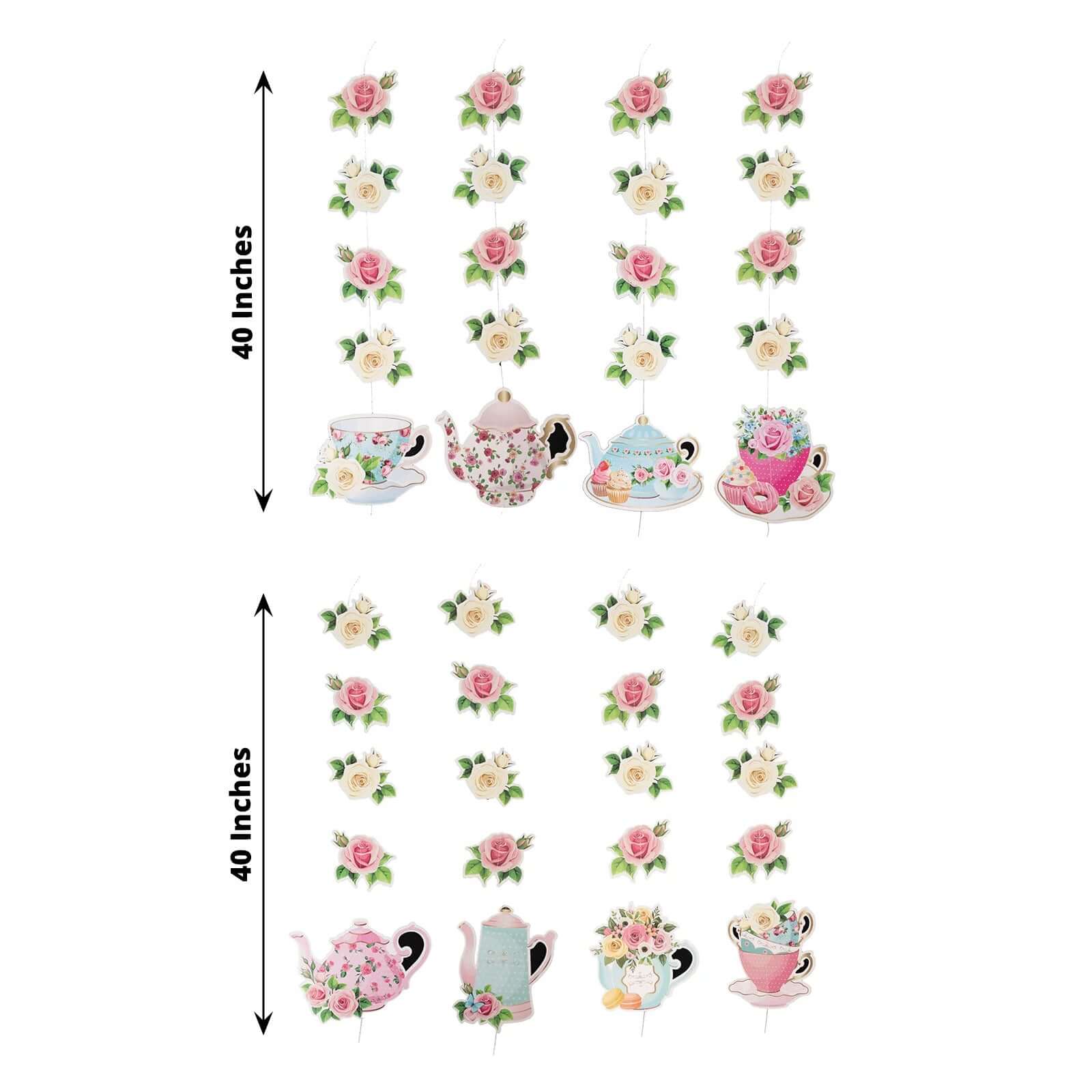 8 Pack Double Sided Floral Tea Party Paper Garland, Pre-Assembled Mixed Teapot Banner Hanging Decorations - 40" - Image 3