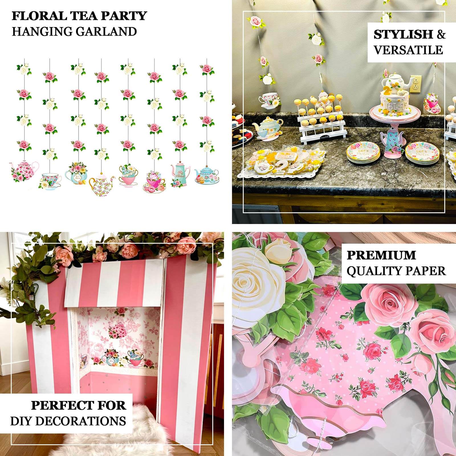 8 Pack Double Sided Floral Tea Party Paper Garland, Pre-Assembled Mixed Teapot Banner Hanging Decorations - 40" - Image 4