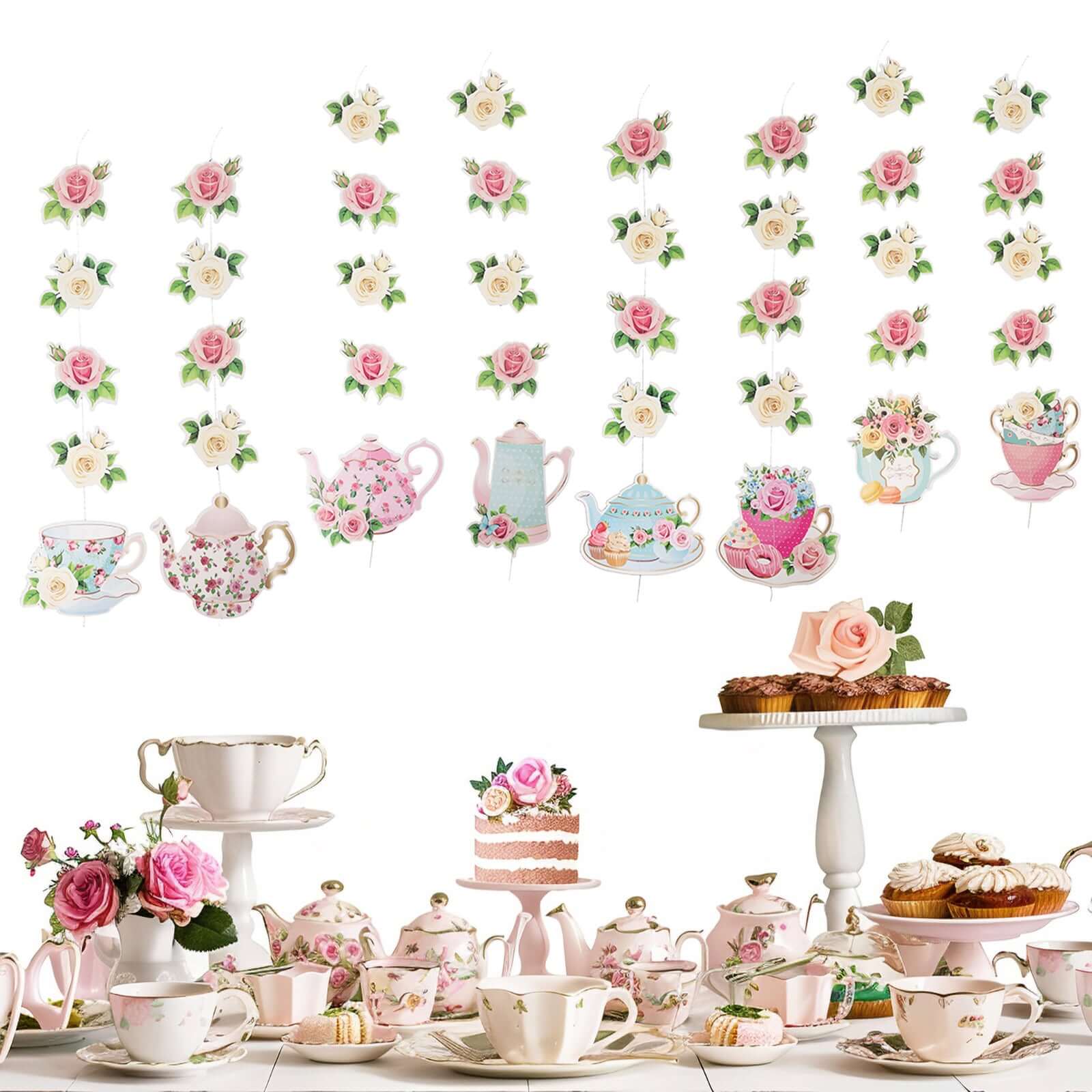 8 Pack Double Sided Floral Tea Party Paper Garland, Pre-Assembled Mixed Teapot Banner Hanging Decorations - 40" - Image 6