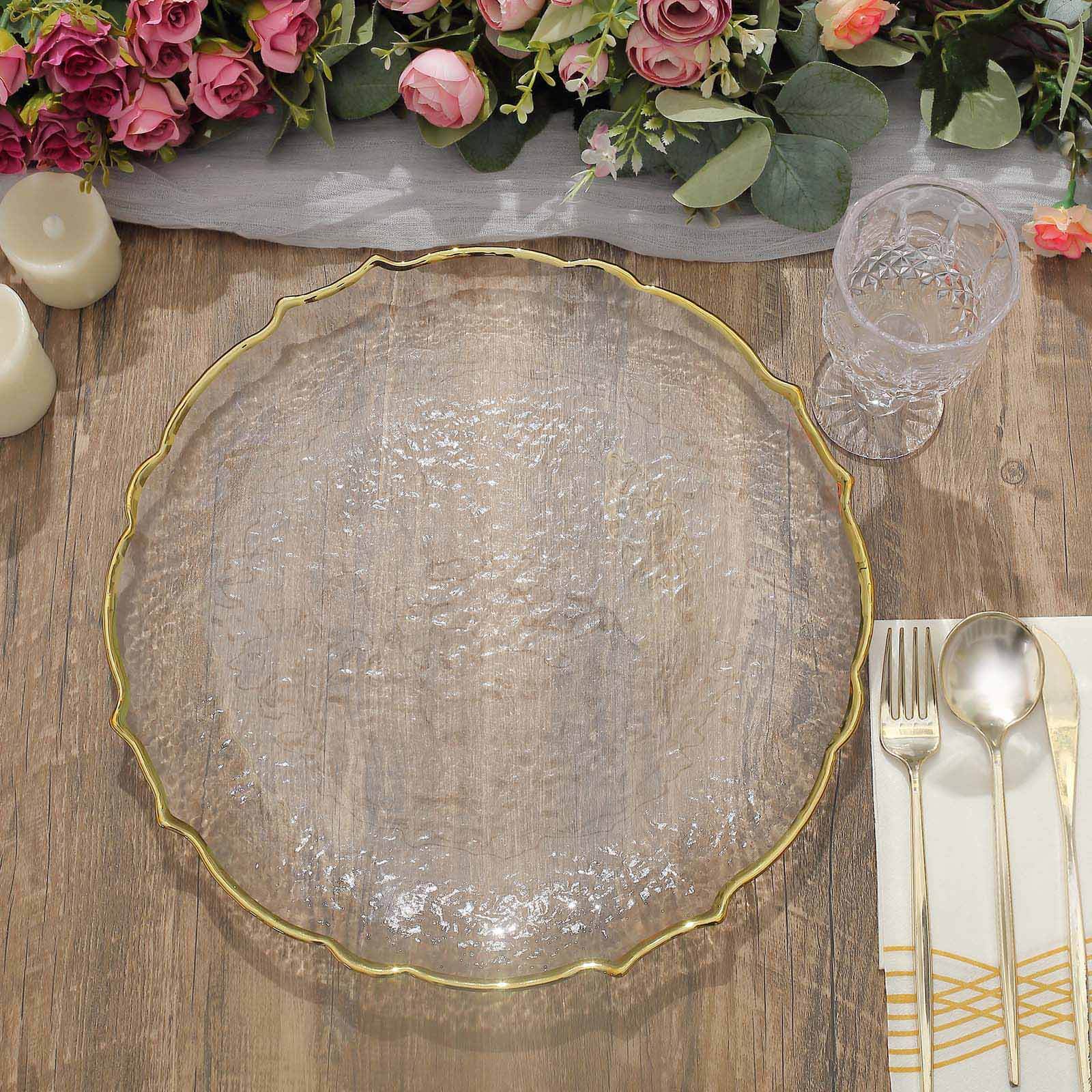 8-Pack Glass Charger Plates 13" Round Clear Gold Sunflower Scalloped Rim - Decorative Dinner Chargers - Image 2