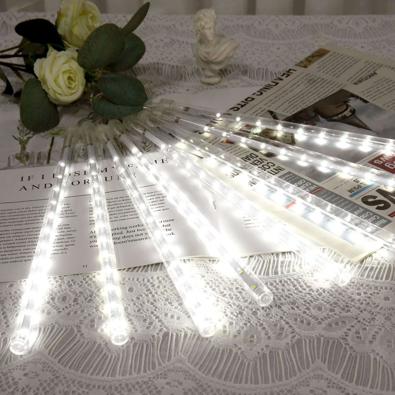 8 Tubes LED String Lights 12" Hanging Icicle Design Clear - Waterproof Meteor Shower Effect - Image 11