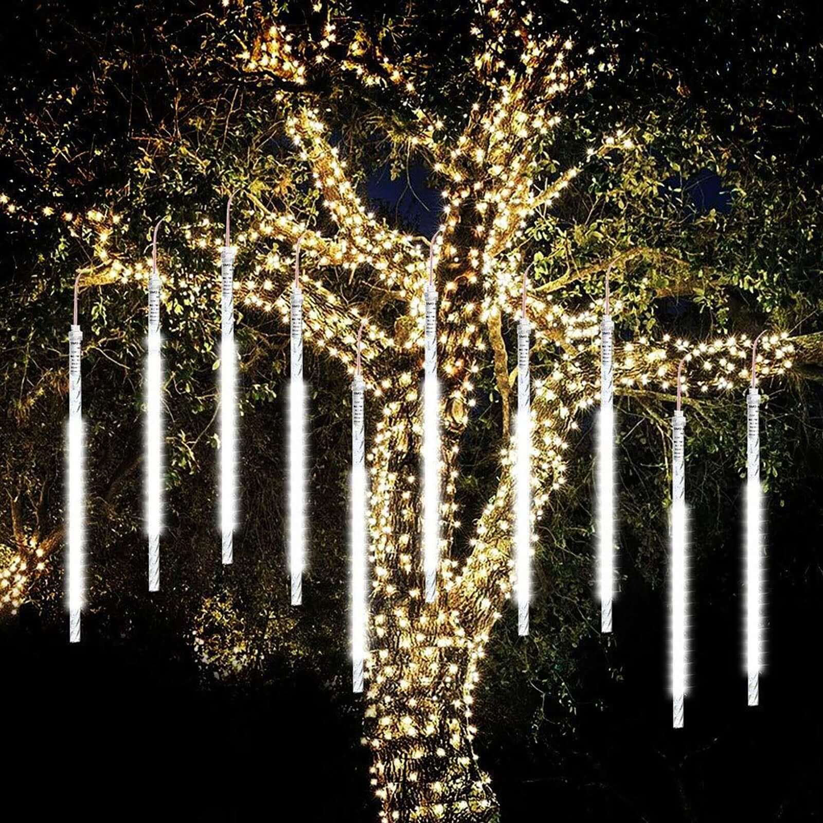 8 Tubes LED String Lights 12" Hanging Icicle Design Clear - Waterproof Meteor Shower Effect - Image 14