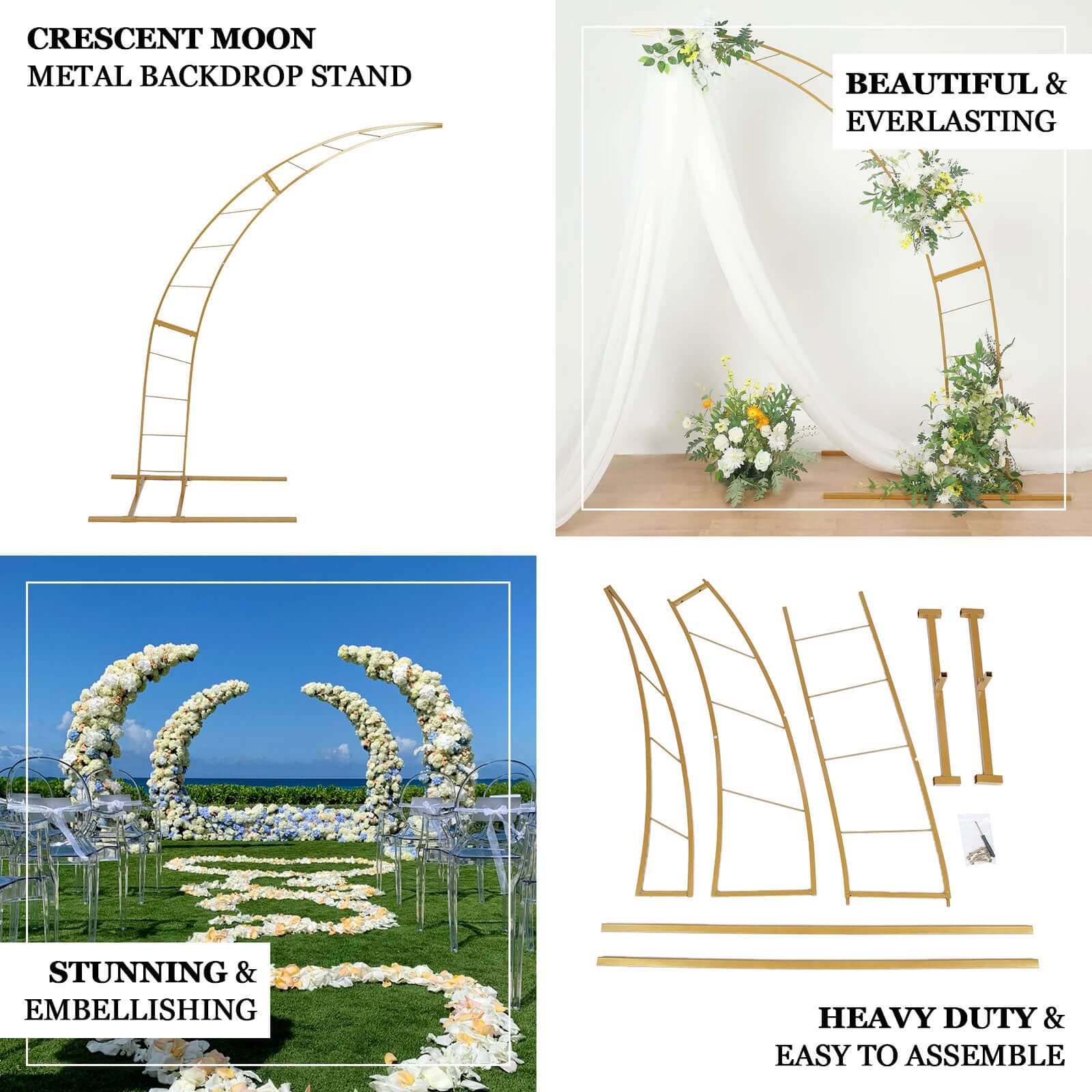 Gold Metal Half Crescent Moon Wedding Arch Flower Stand, Curved Arbor Balloon Frame 8ft - Image 8