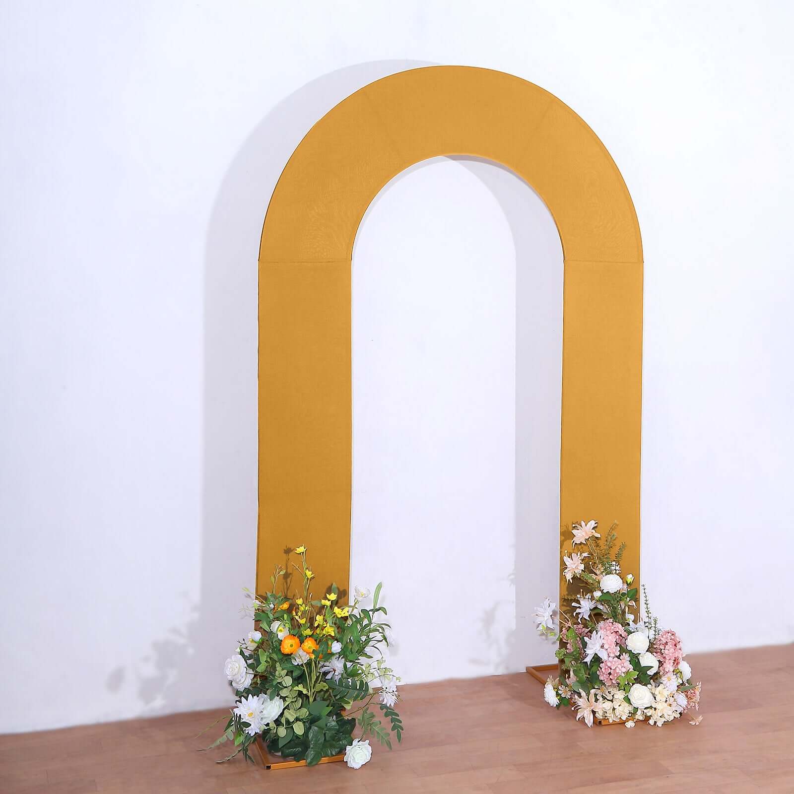 Gold Spandex Fitted Open Arch Backdrop Cover, Double-Sided U-Shaped Wedding Arch Slipcover 8ft