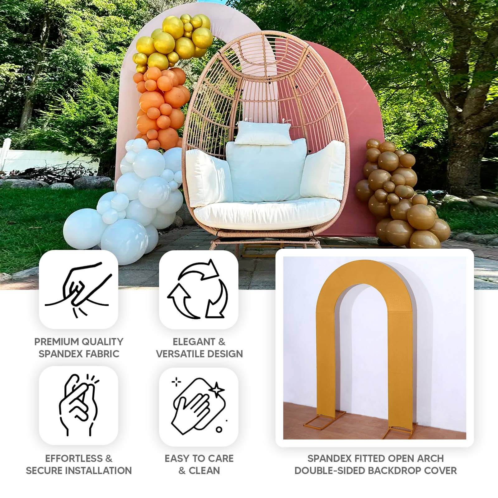 Gold Spandex Fitted Open Arch Backdrop Cover, Double-Sided U-Shaped Wedding Arch Slipcover 8ft - Image 4