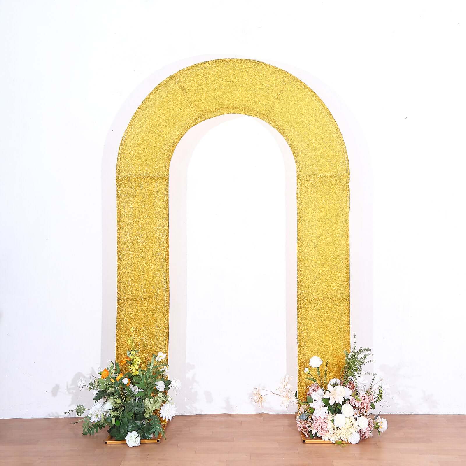 Gold Spandex Fitted Open Arch Backdrop Cover With Shimmer Tinsel Finish, Double-Sided U-Shaped Wedding Arch Slipcover 8ft - Image 11
