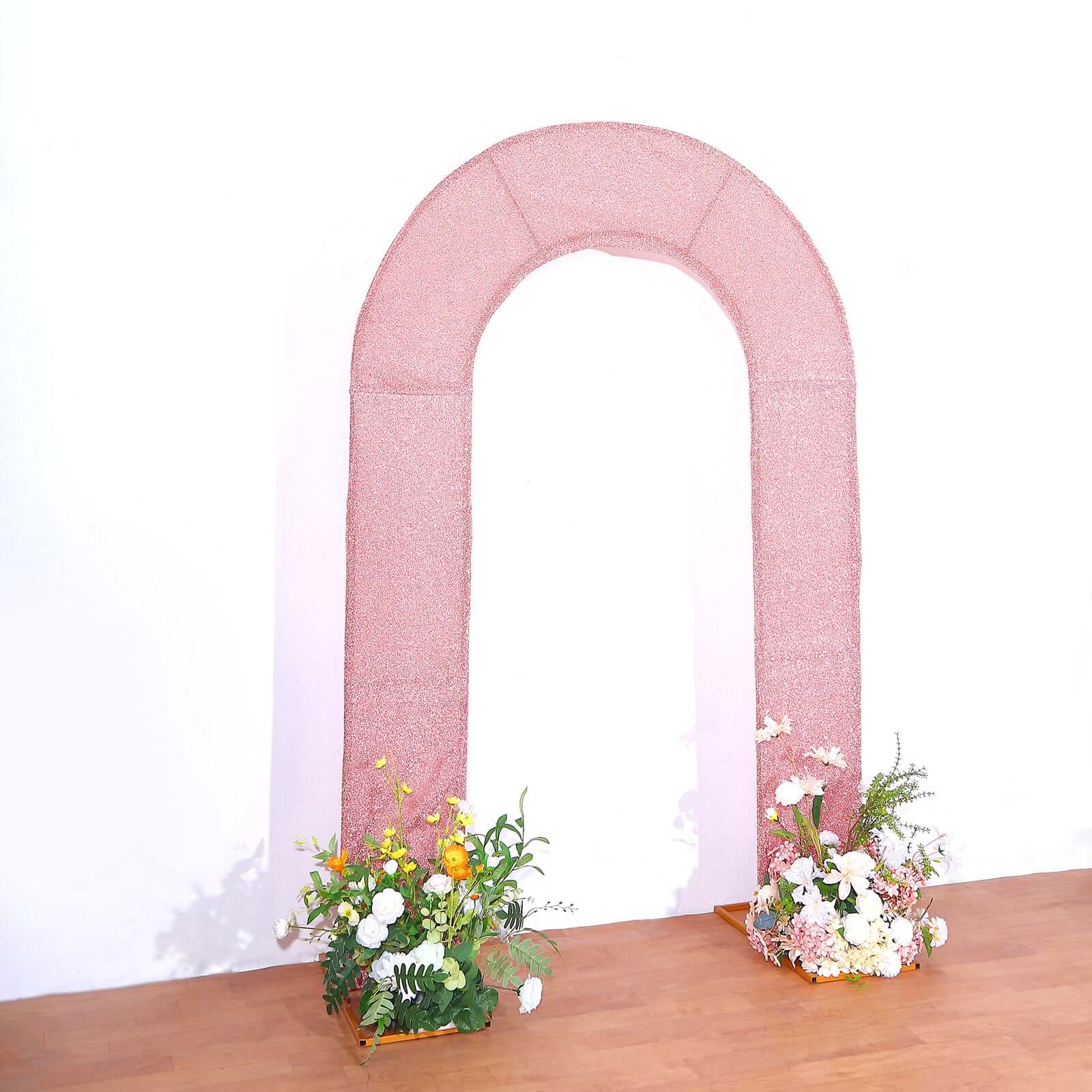 Rose Gold Spandex Fitted Open Arch Backdrop Cover With Shimmer Tinsel Finish, Double-Sided U-Shaped Wedding Arch Slipcover 8ft