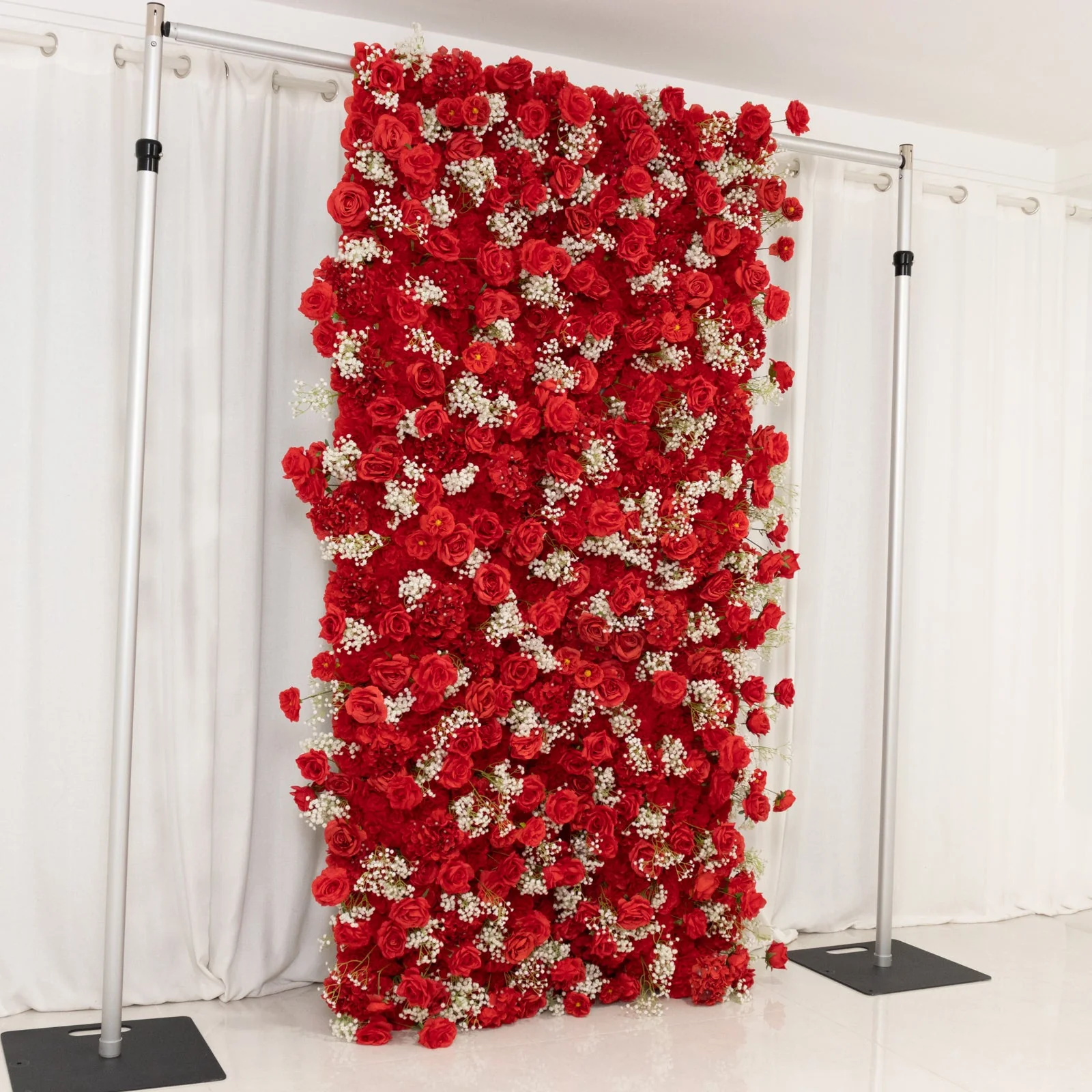 Roll Up Flower Wall Backdrop with Fabric Backing – 8ftx4ft Red Artificial Silk Roses & Baby's Breath - Image 7