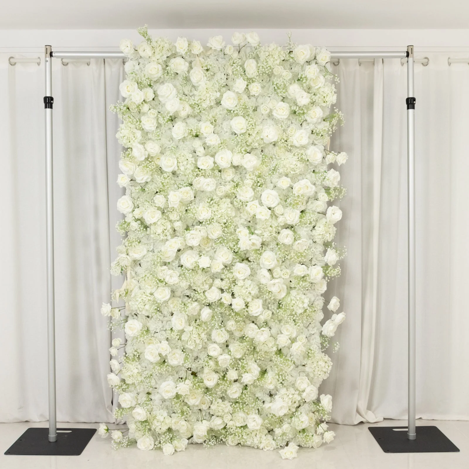 Roll Up Flower Wall Backdrop with Fabric Backing – 8ftx4ft White Artificial Silk Roses & Baby's Breath