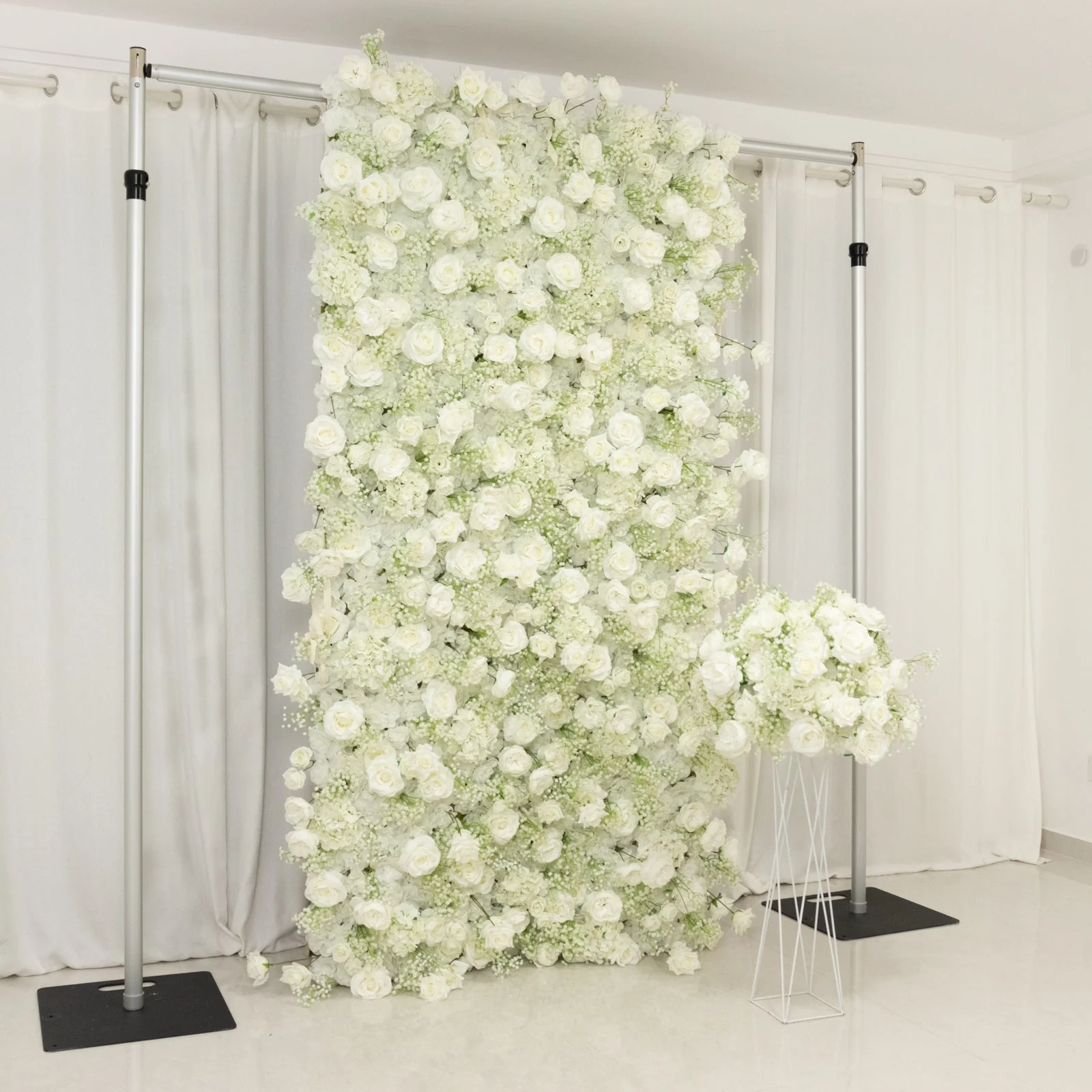 Roll Up Flower Wall Backdrop with Fabric Backing – 8ftx4ft White Artificial Silk Roses & Baby's Breath - Image 8