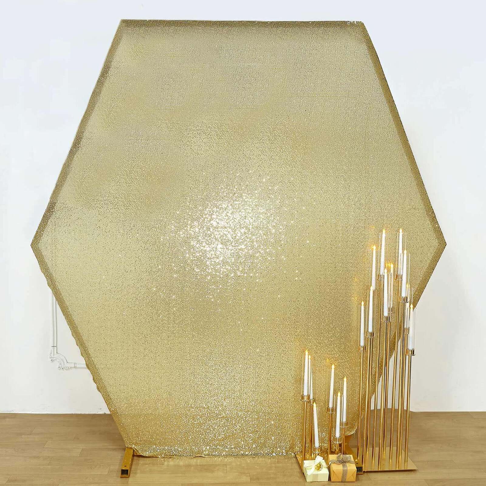 Champagne Sparkle Sequin Hexagon Wedding Arch Cover, Shiny Shimmer Backdrop Stand Cover 2-Sided Custom Fit 8ftx7ft