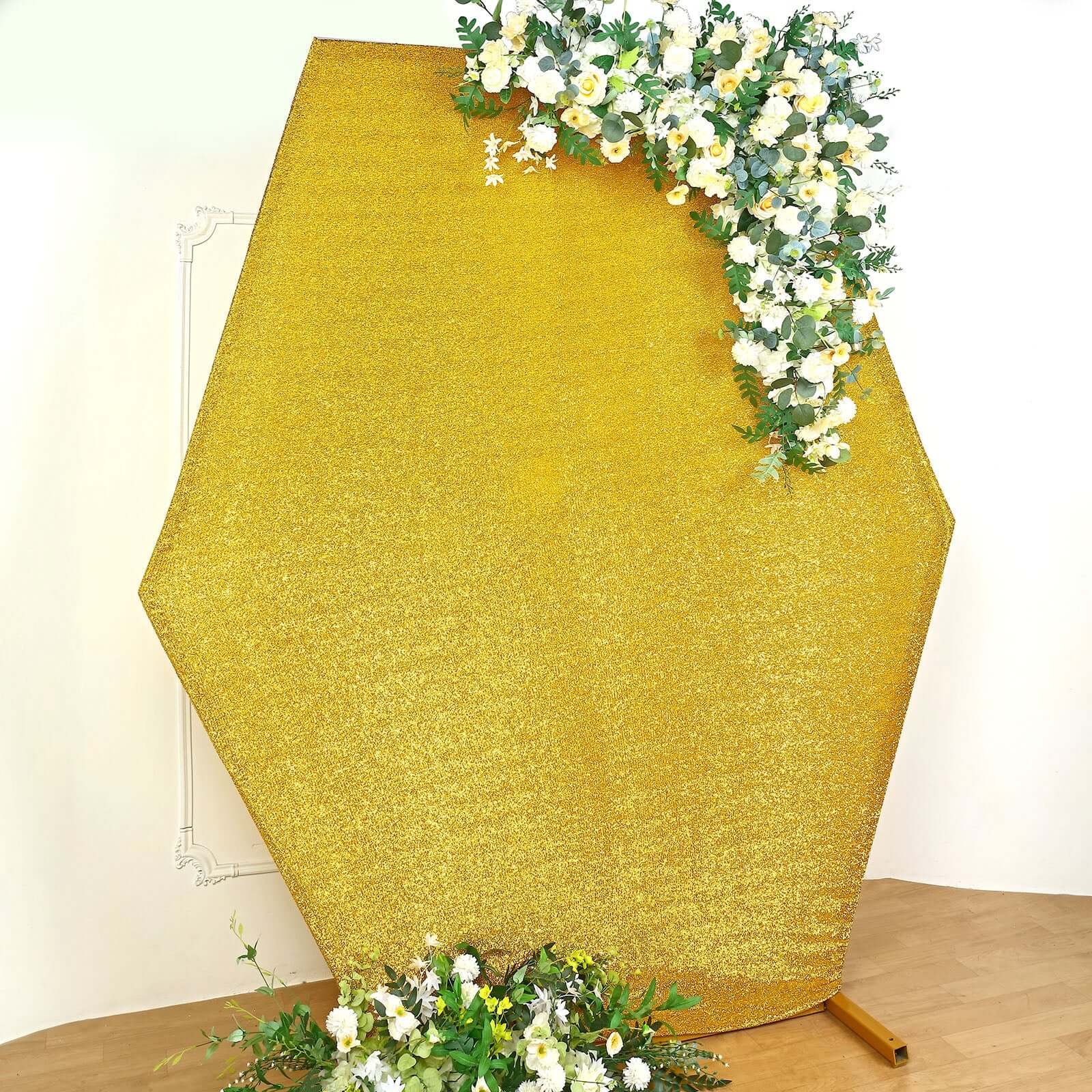 Gold Metallic Shimmer Tinsel Spandex Hexagon Backdrop, 2-Sided Wedding Arch Cover 8ftx7ft - Image 5