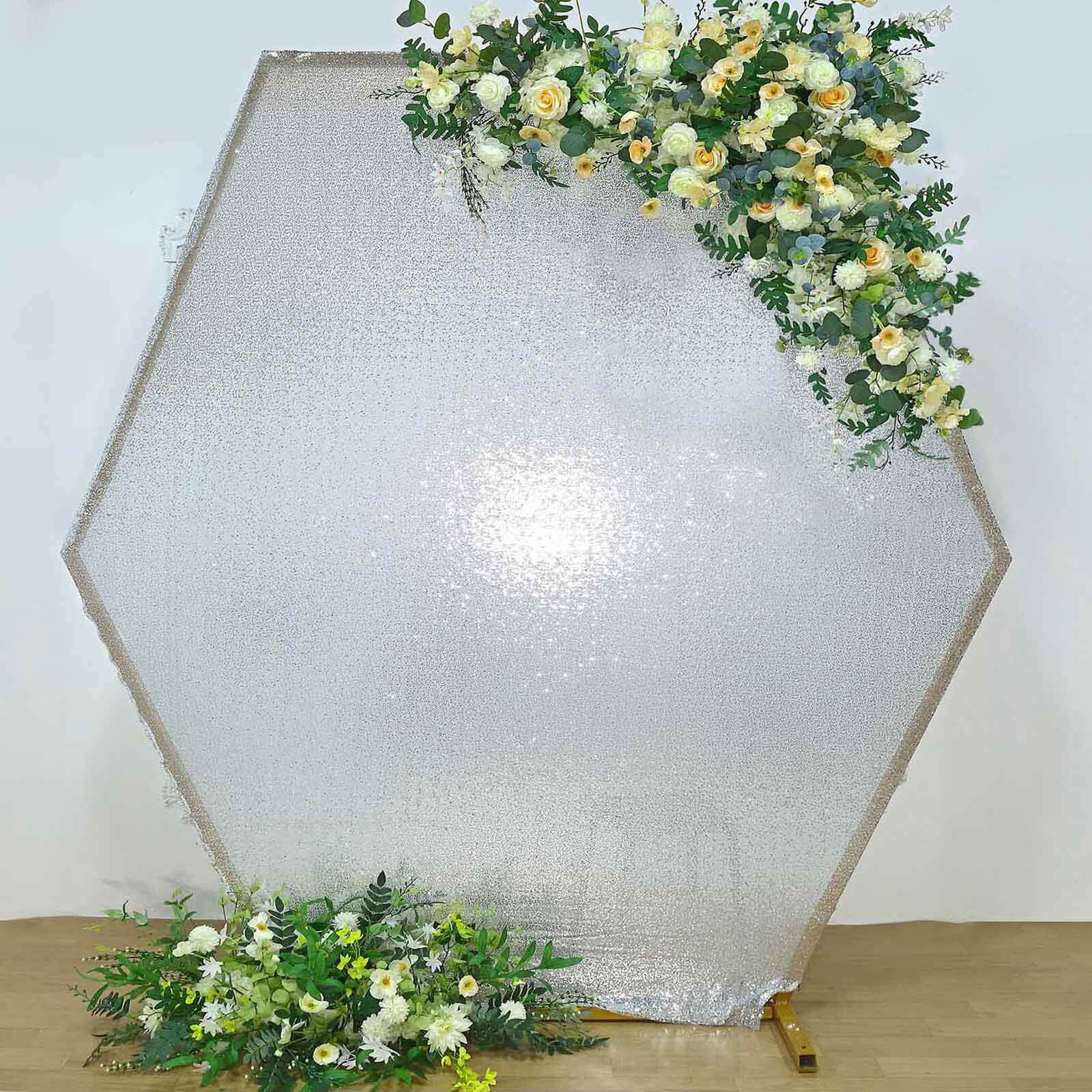 Metallic Silver Sparkle Sequin Hexagon Wedding Arch Cover, Shiny Shimmer Backdrop Stand Cover 2-Sided Custom Fit 8ftx7ft - Image 5