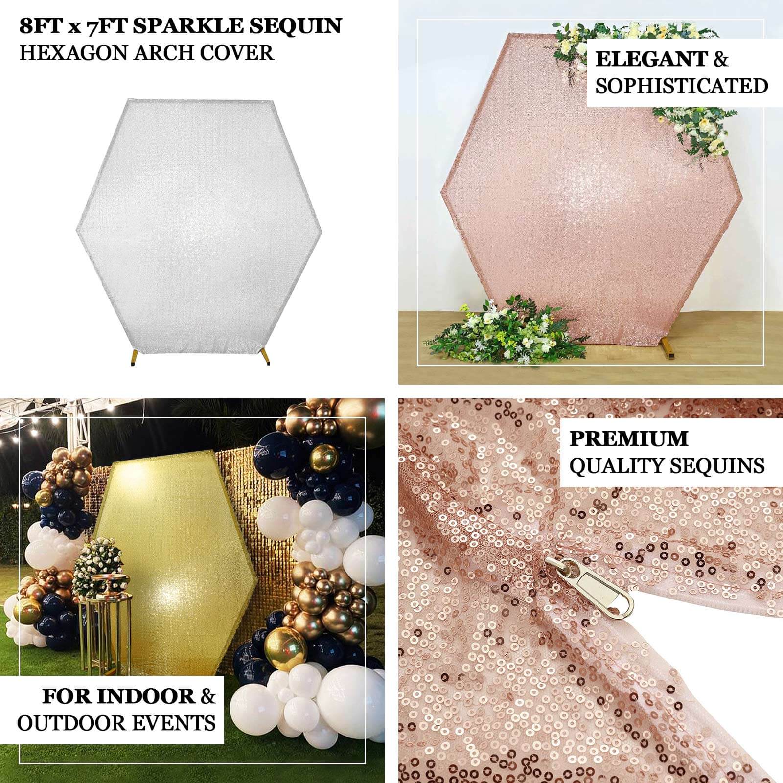 Rose Gold Sparkle Sequin Hexagon Wedding Arch Cover, Shiny Shimmer 2-Sided Custom Fit Backdrop Stand Cover 8ftx7ft - Image 4
