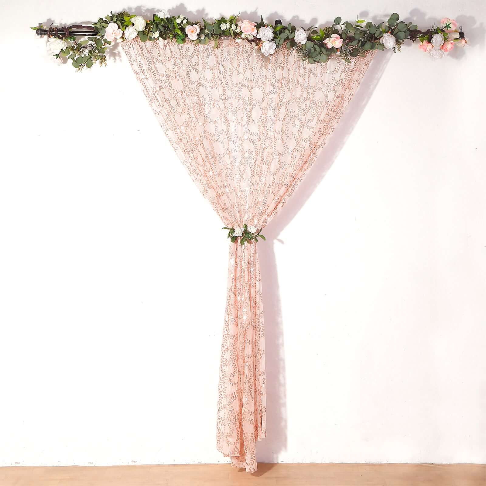 Rose Gold Embroider Sequin Backdrop Drape Curtain, Sparkly Sheer Event Divider Panel With Embroidery Leaf - 8ftx8ft - Image 2