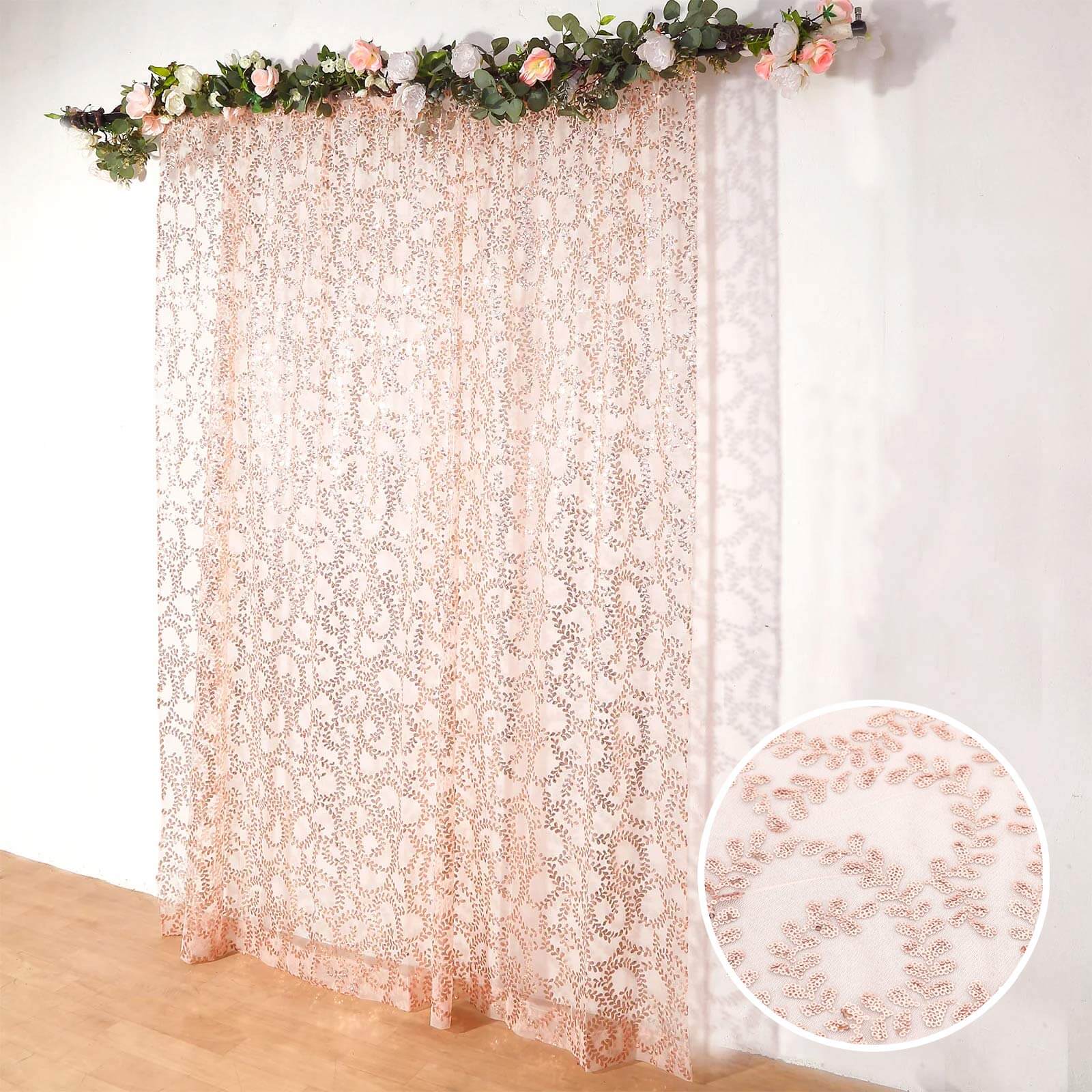 Rose Gold Embroider Sequin Backdrop Drape Curtain, Sparkly Sheer Event Divider Panel With Embroidery Leaf - 8ftx8ft - Image 3
